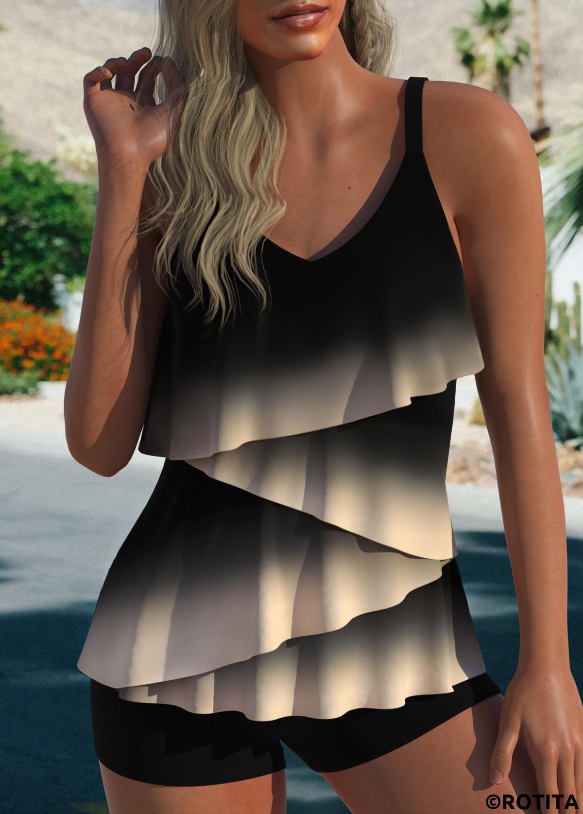 Black plus size,Light Coffee plus size,Ombre plus size,ROTITA Plus Size Layered Ombre Black Tankini Top