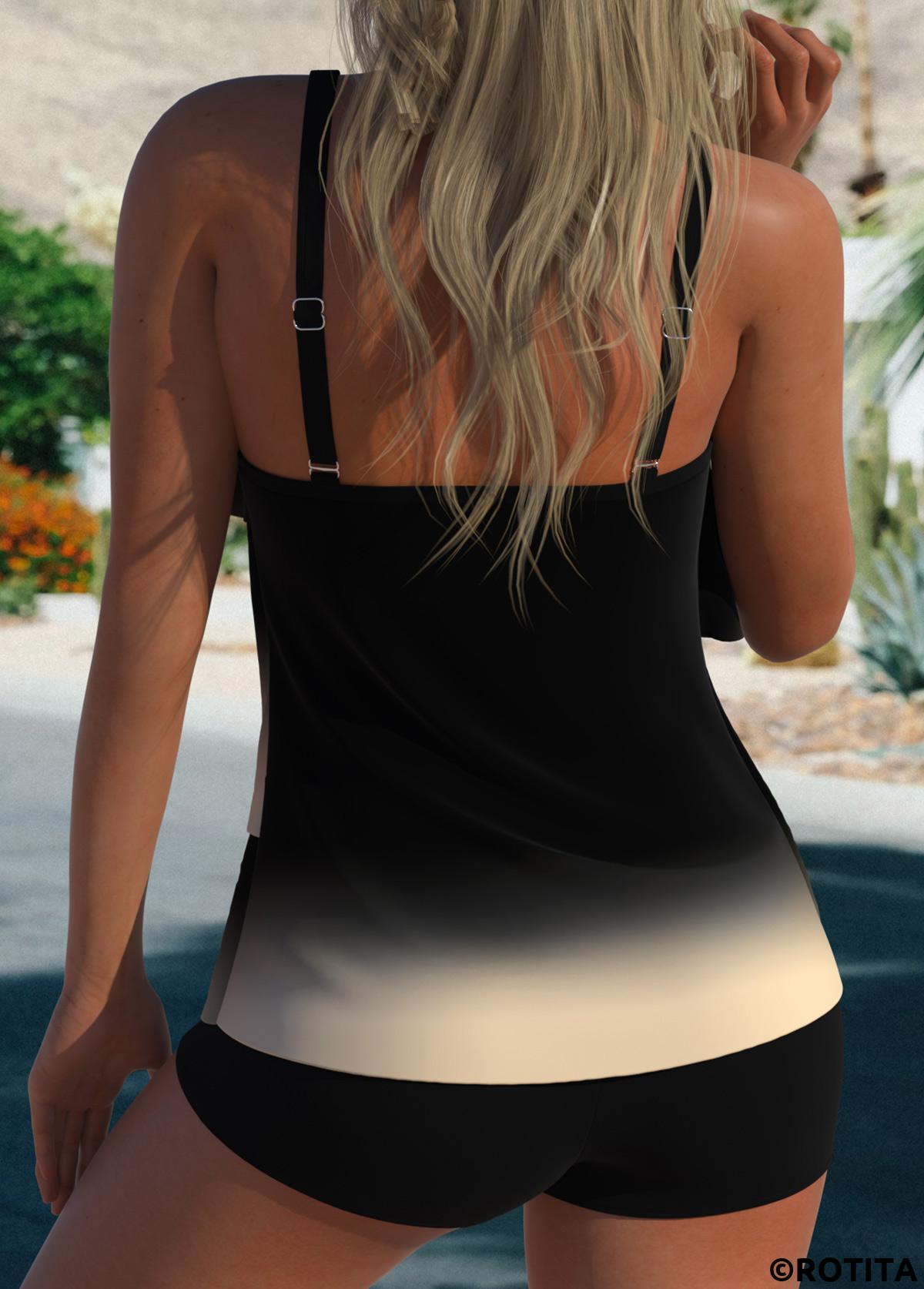 Black plus size,Light Coffee plus size,Ombre plus size,ROTITA Plus Size Layered Ombre Black Tankini Top