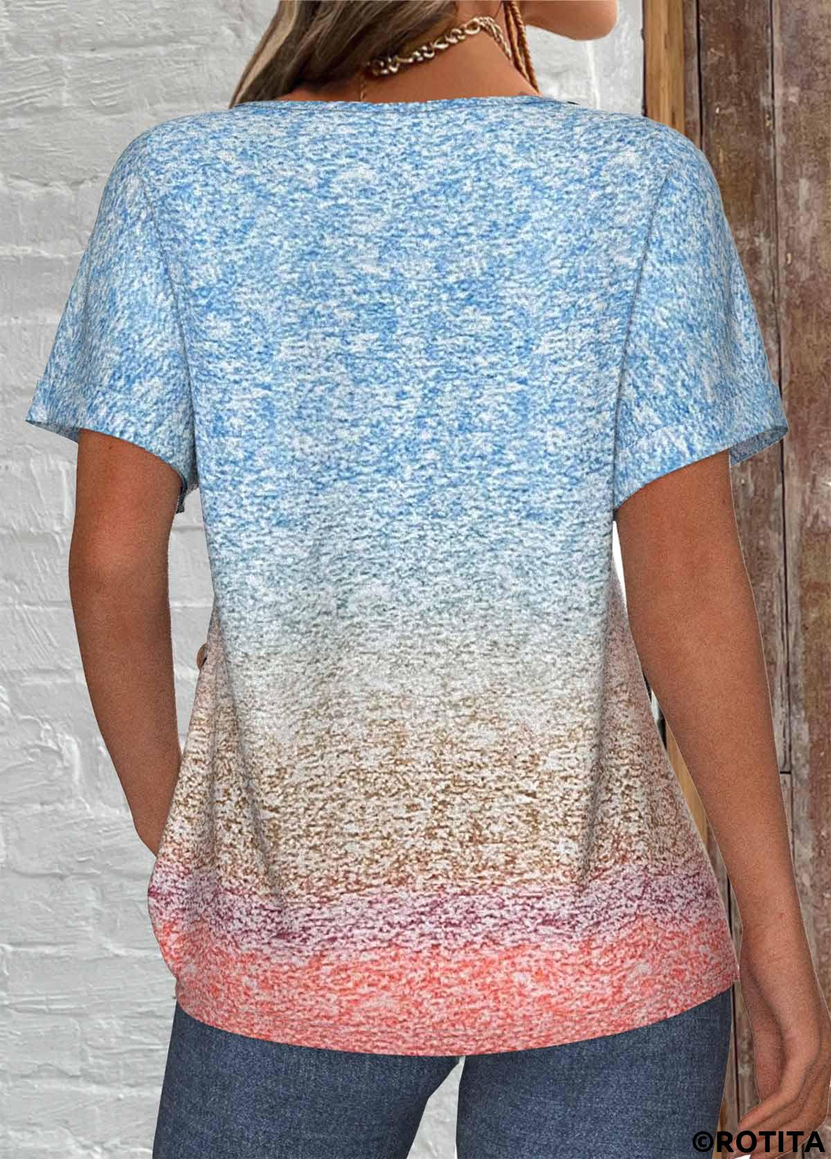 Blue tops,Ombre tops,ROTITA Patchwork Ombre Blue Lace Up Collar T Shirt