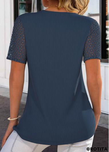 ROTITA Lace Navy Tie Collar Short Sleeve T Shirt