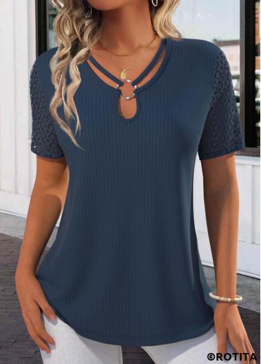 ROTITA Lace Navy Tie Collar Short Sleeve T Shirt