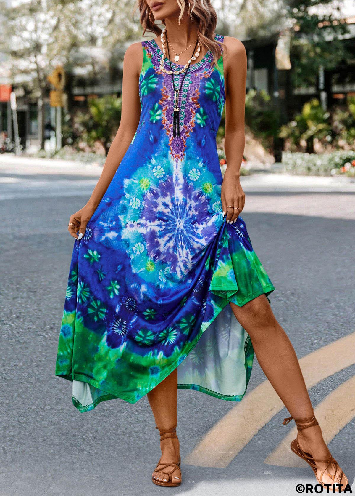 Blue dresses,Tie Dye dresses,Vacation dresses,Vacation dresses,Asymmetry Tie Dye Print Blue H Shape Dress