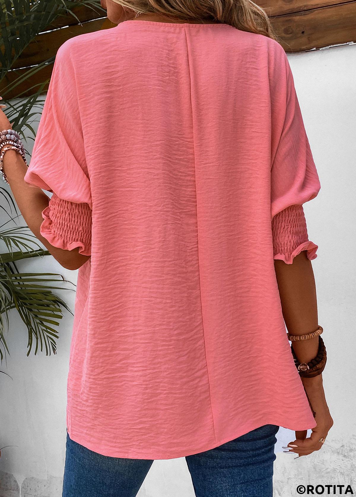 Pink tops,Plain Color tops,ROTITA Smocked Pink Round Neck Half Sleeve T Shirt