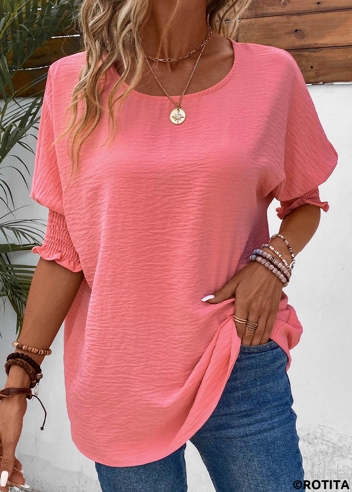 Pink tops,Plain Color tops,ROTITA Smocked Pink Round Neck Half Sleeve T Shirt