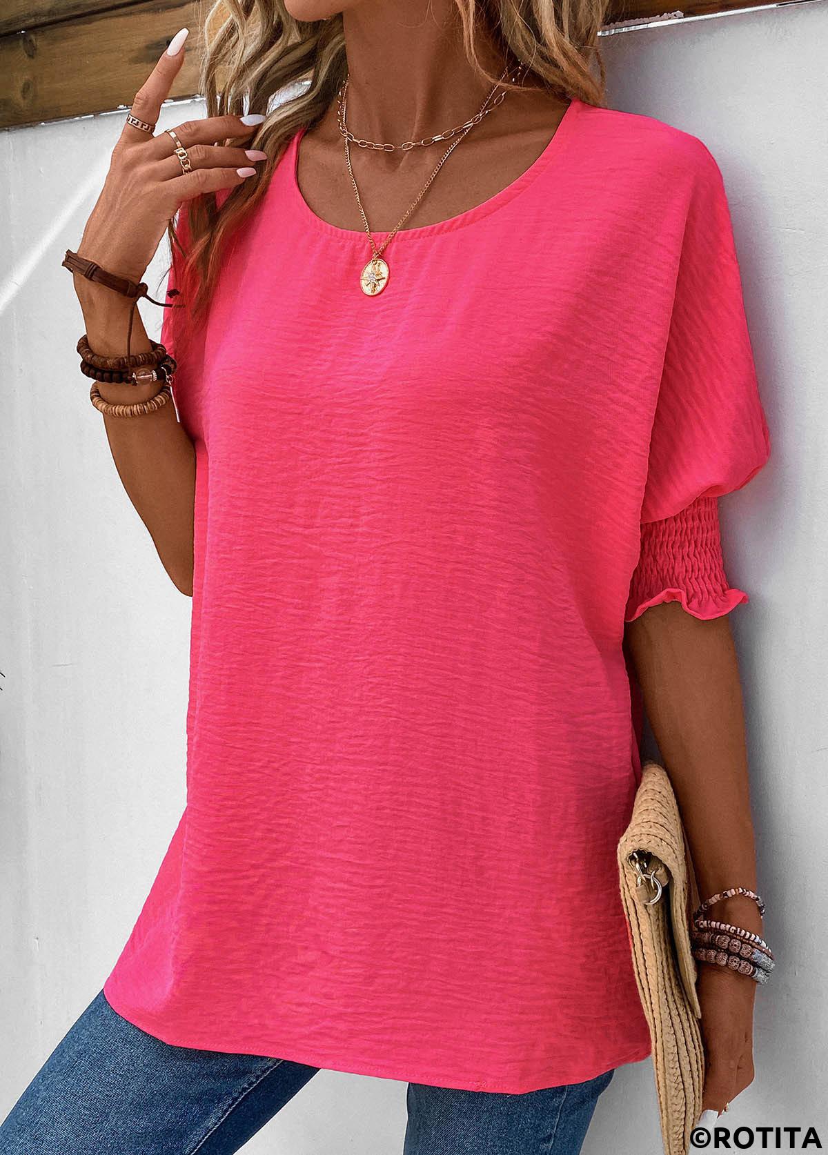 Hot Pink tops,Plain Color tops,ROTITA Smocked Hot Pink Round Neck T Shirt