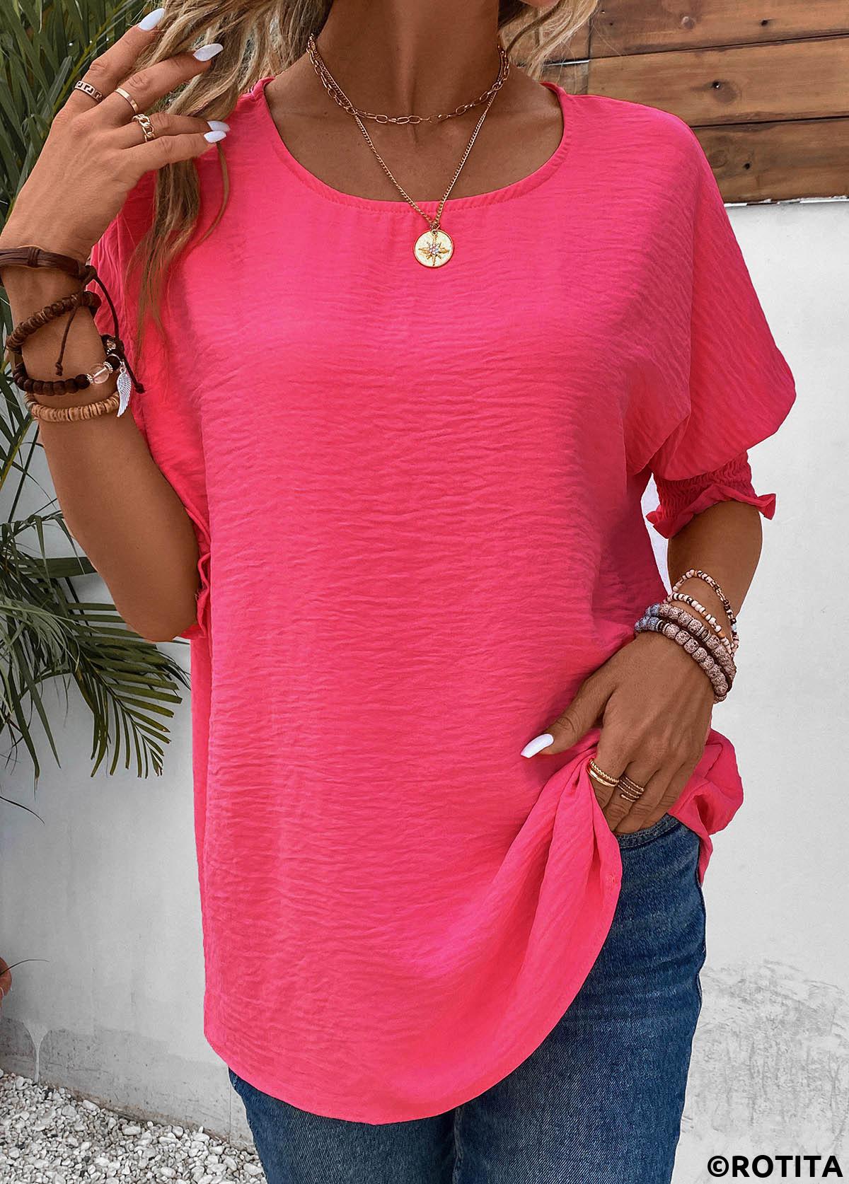Hot Pink tops,Plain Color tops,ROTITA Smocked Hot Pink Round Neck T Shirt