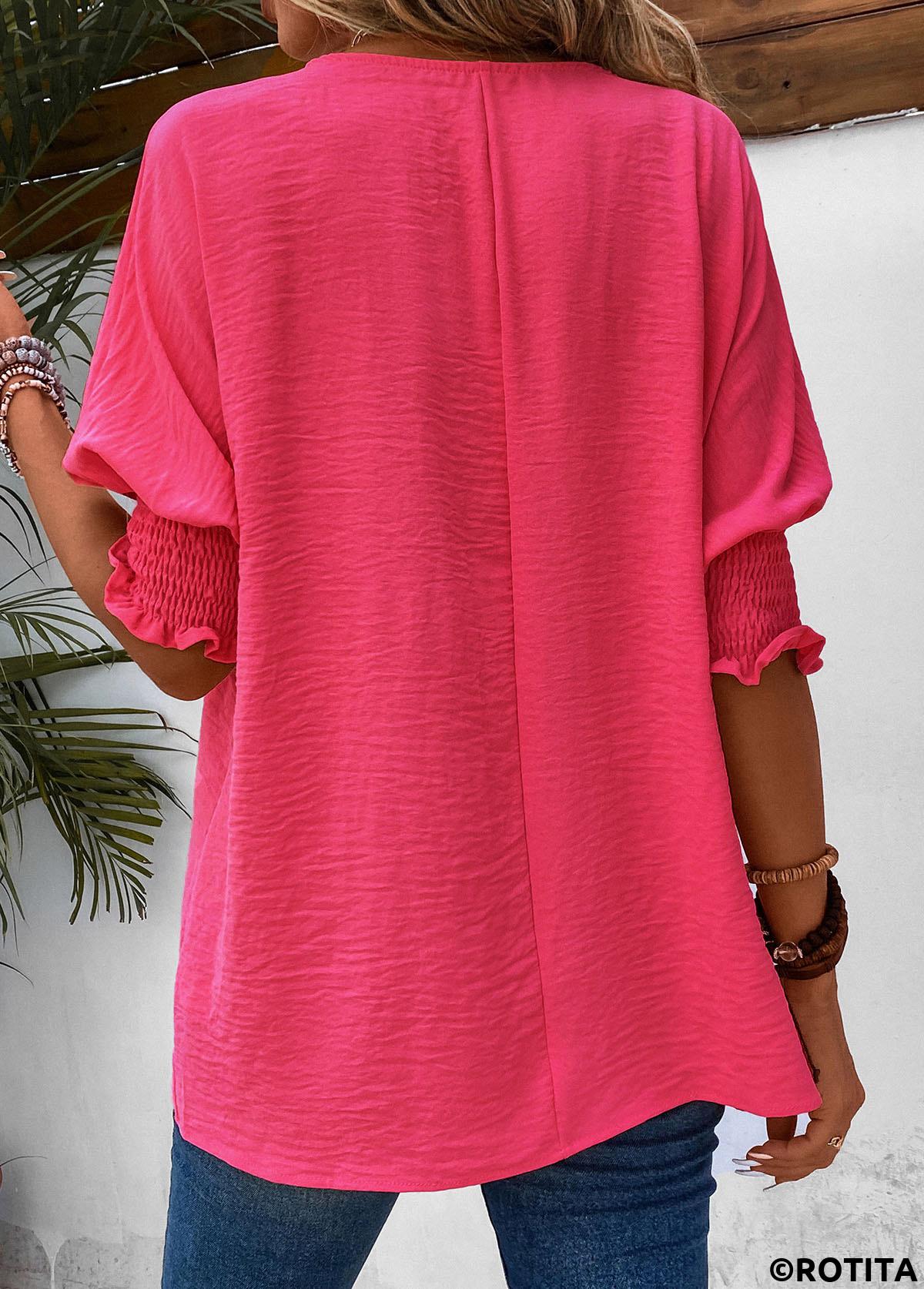ROTITA Smocked Hot Pink Round Neck T Shirt