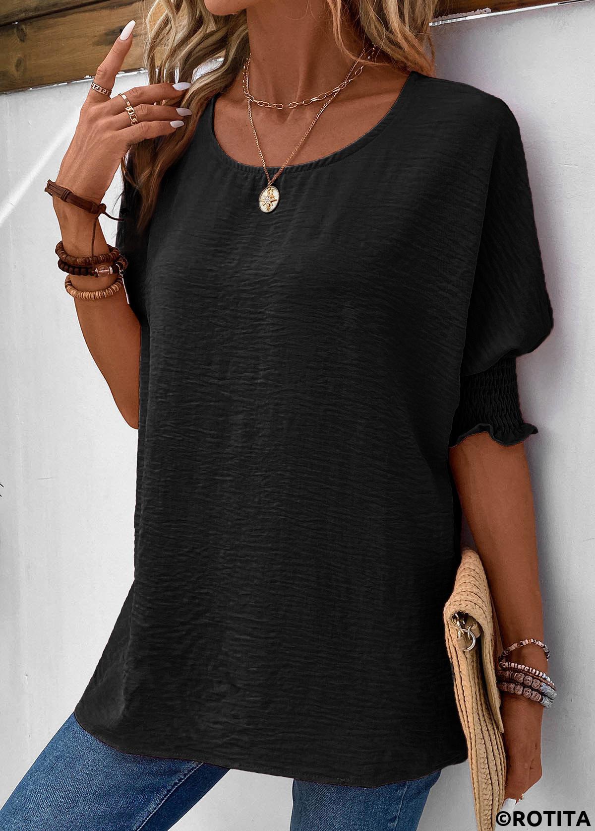 Black tops,Plain Color tops,ROTITA Smocked Black Round Neck Half Sleeve T Shirt
