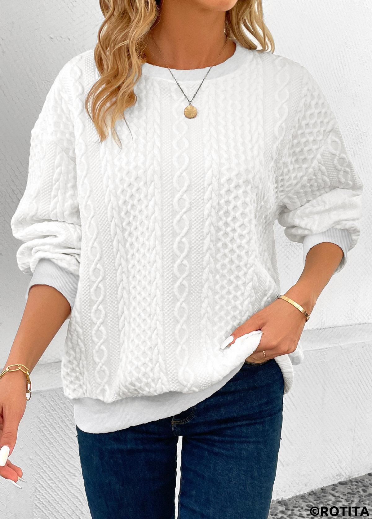 White tops,Plain Color tops,ROTITA Patchwork White Round Neck Long Sleeve Sweatshirt