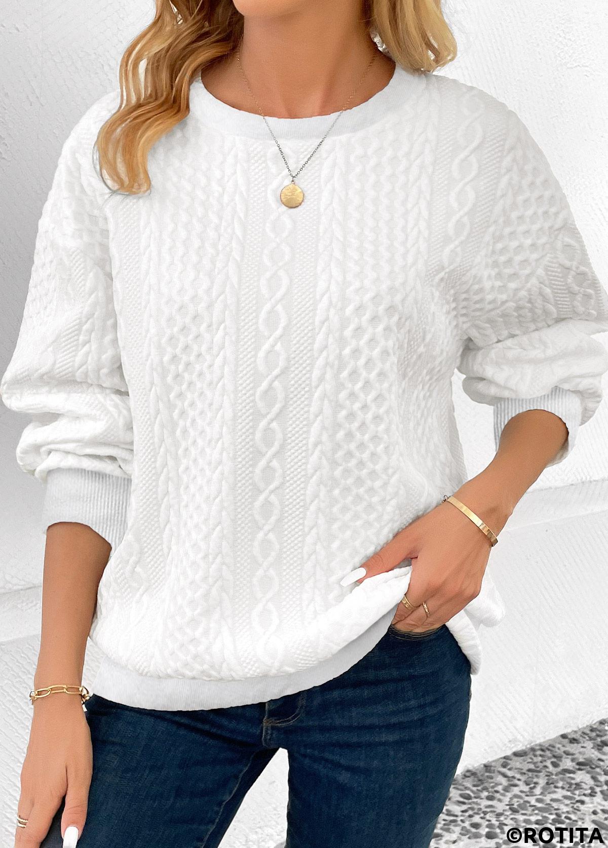 White tops,Plain Color tops,ROTITA Patchwork White Round Neck Long Sleeve Sweatshirt