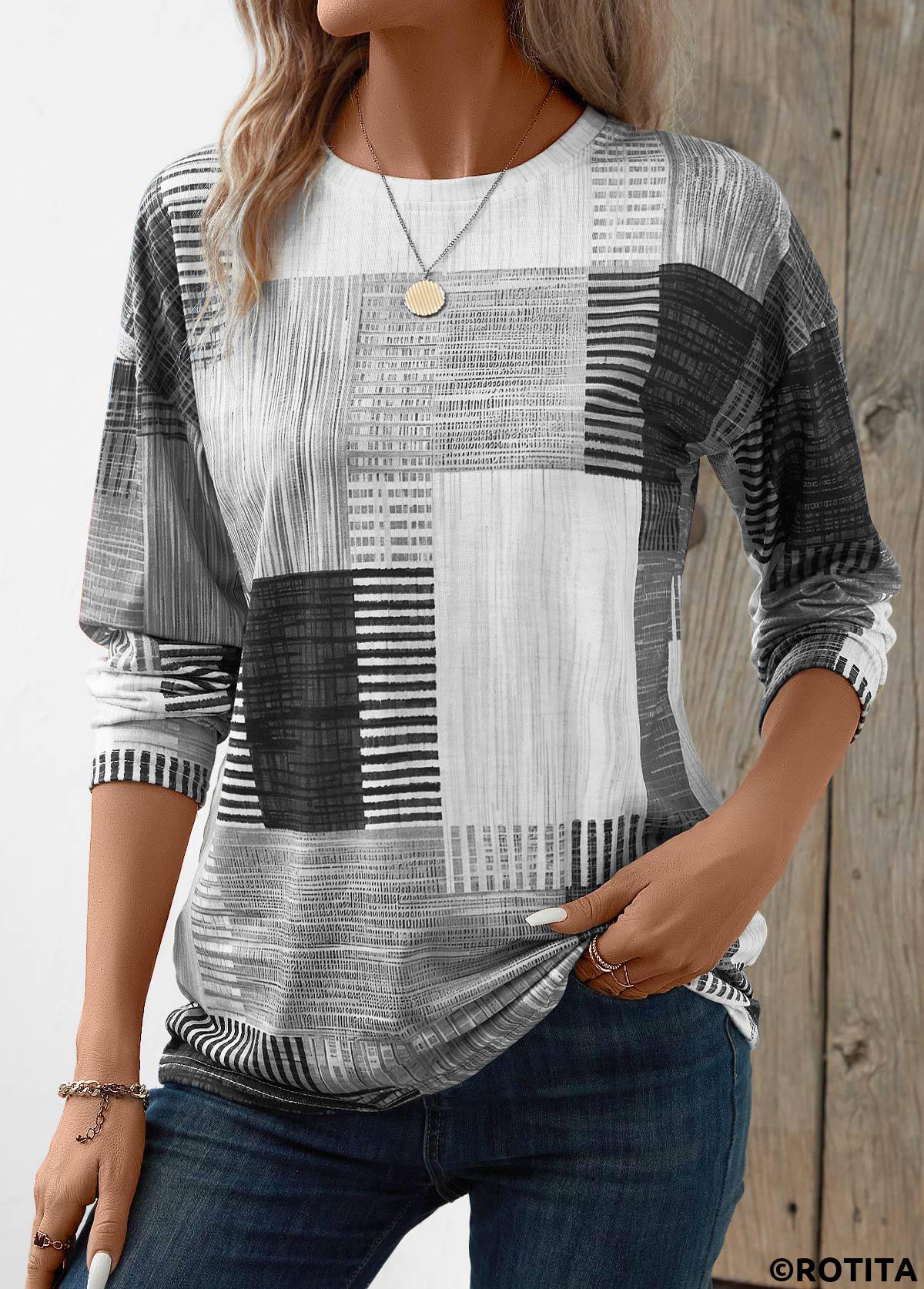 Grey tops,White tops,Geometric tops,Striped tops,ROTITA Patchwork Geometric Print Grey Round Neck T Shirt