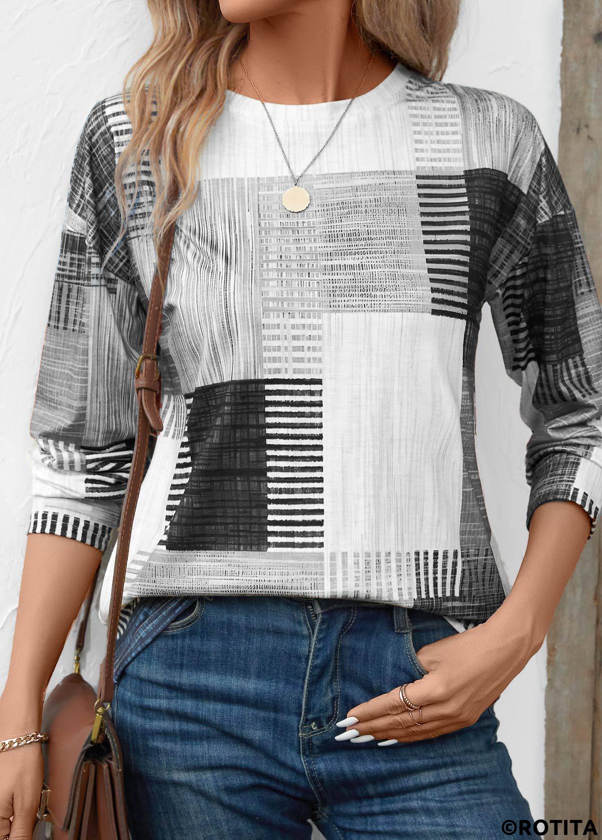 Grey tops,White tops,Geometric tops,Striped tops,ROTITA Patchwork Geometric Print Grey Round Neck T Shirt