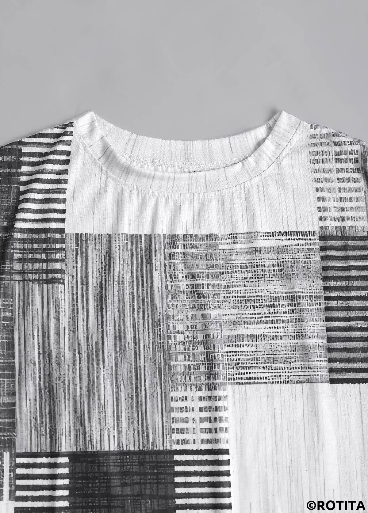 Grey tops,White tops,Geometric tops,Striped tops,ROTITA Patchwork Geometric Print Grey Round Neck T Shirt