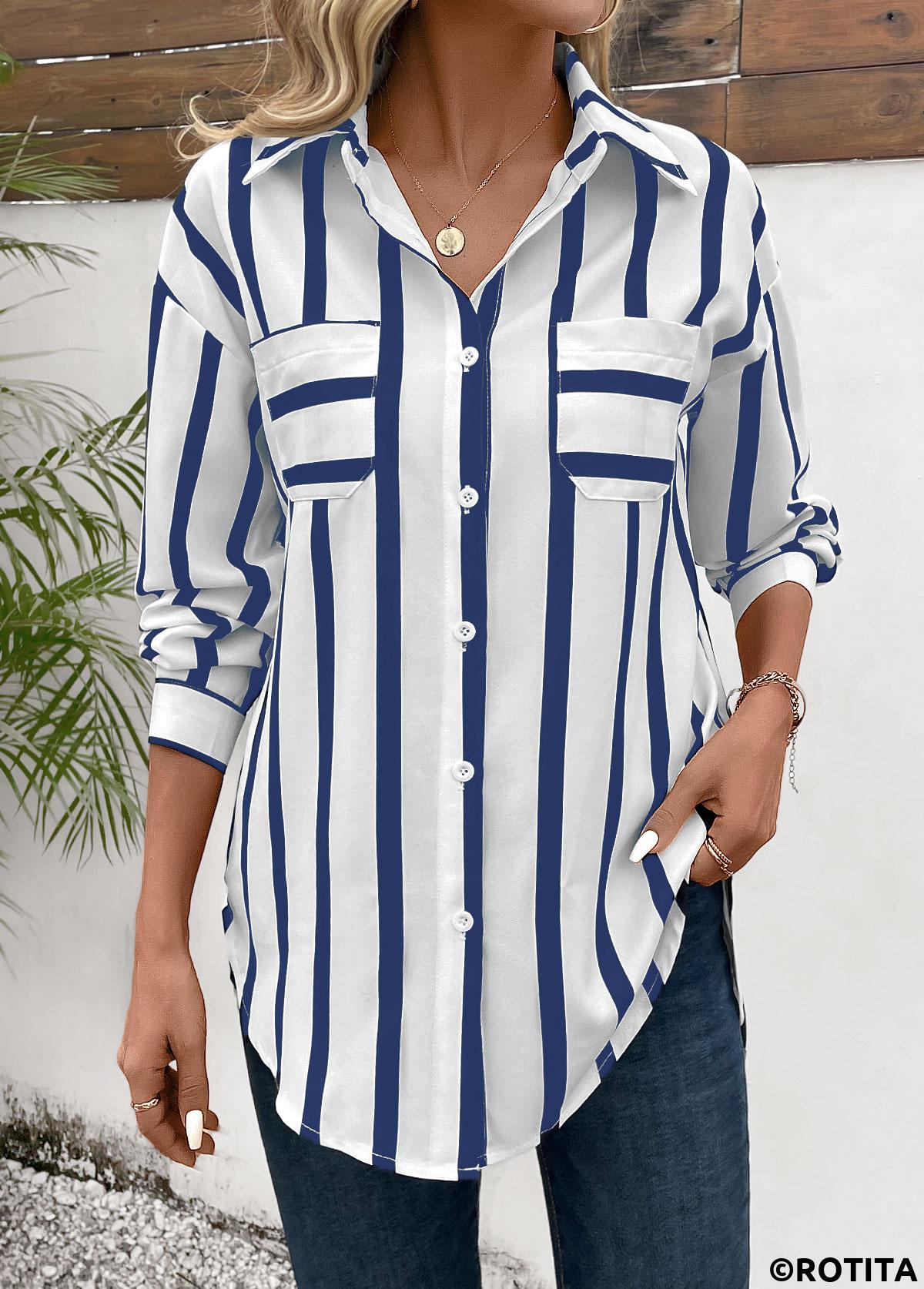Blue tops,White tops,Striped tops,Geometric tops,Button Striped Blue Long Sleeve Shirt