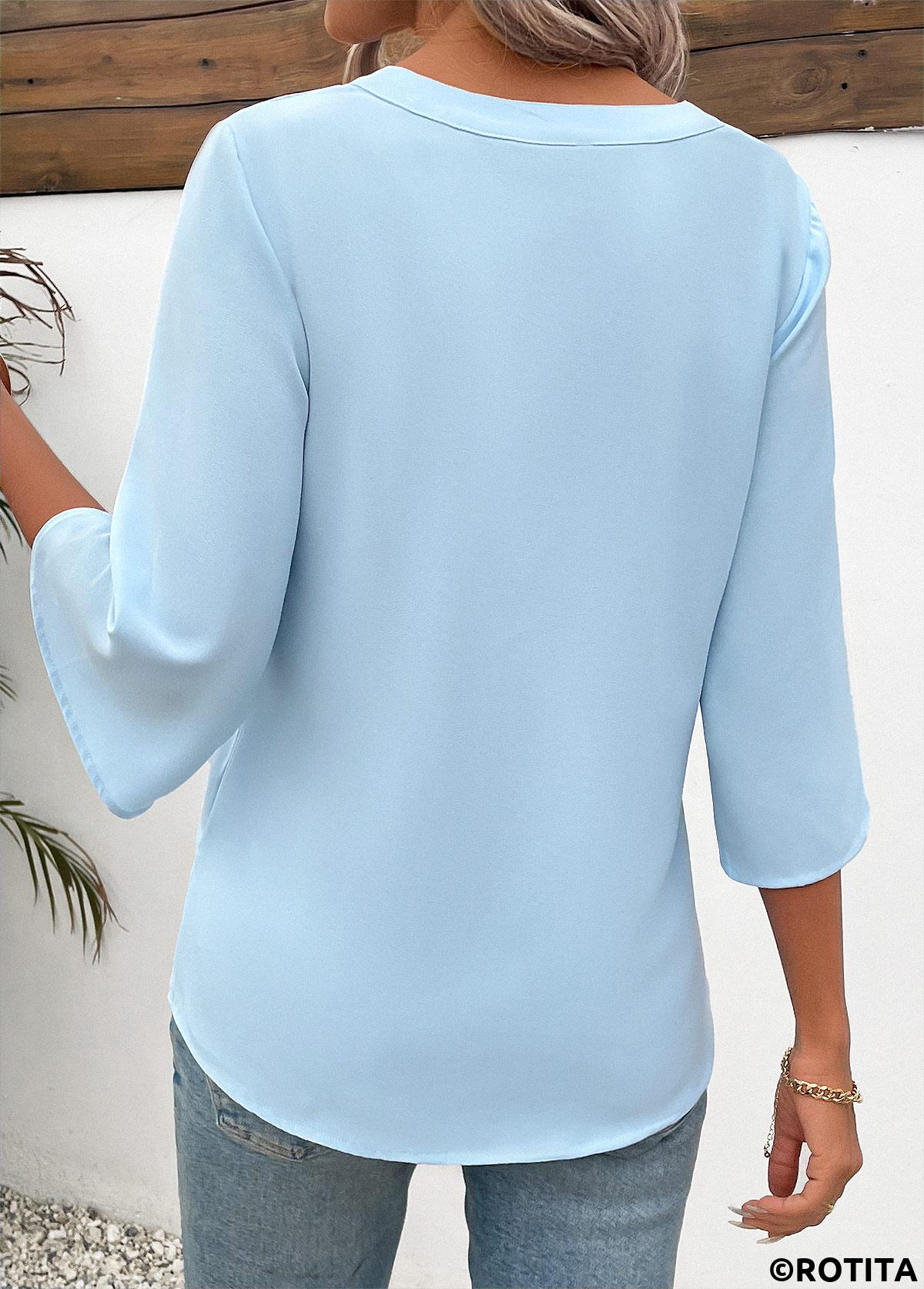 Light Blue tops,Plain Color tops,Button Light Blue Split Neck 3/4 Sleeve Blouse
