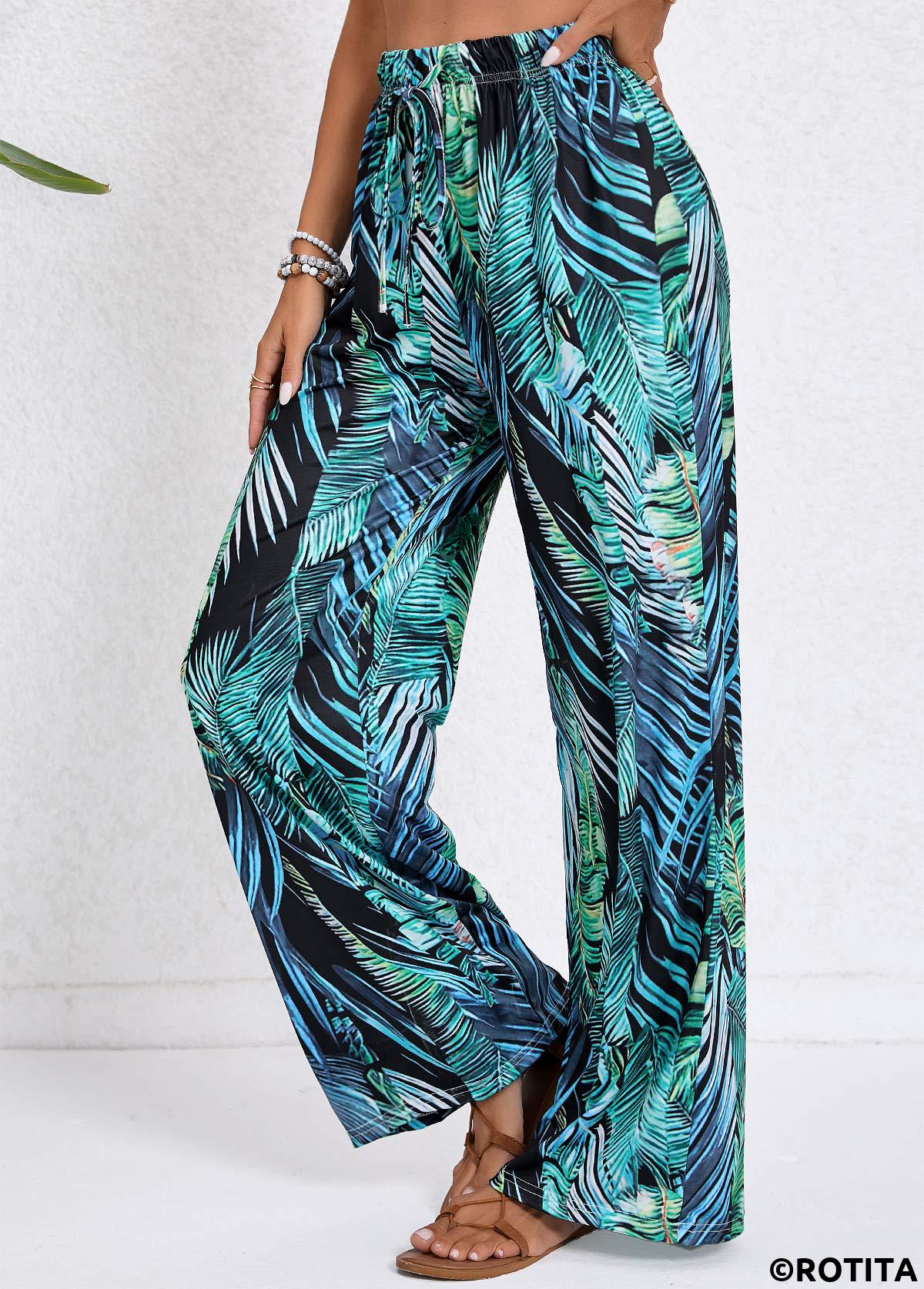 Turquoise bottoms,Blackish Green bottoms,Plants bottoms,Drawstring Tropical Plants Print Turquoise Elastic Waist Pants