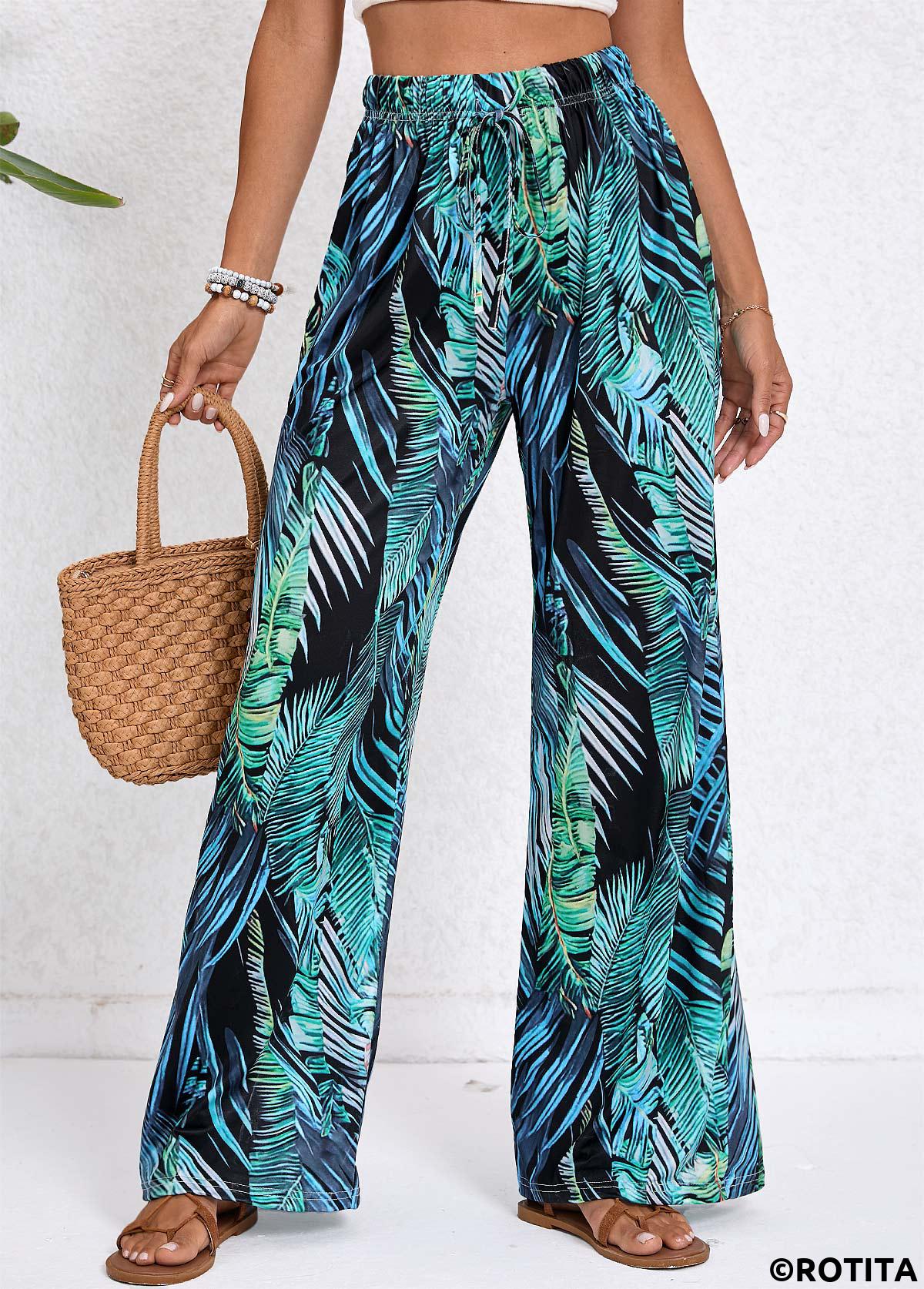 Turquoise bottoms,Blackish Green bottoms,Plants bottoms,Drawstring Tropical Plants Print Turquoise Elastic Waist Pants