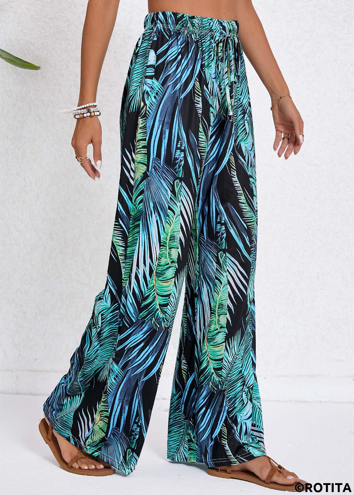 Turquoise bottoms,Blackish Green bottoms,Plants bottoms,Drawstring Tropical Plants Print Turquoise Elastic Waist Pants