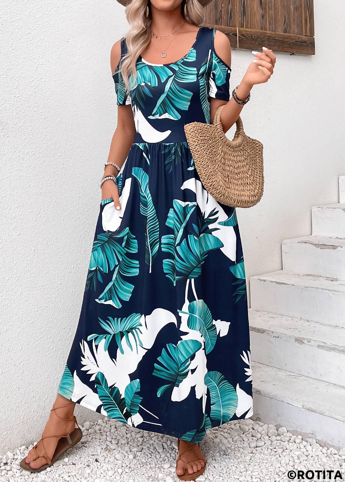 Navy dresses,Plants dresses,Vacation dresses,Vacation dresses,Pocket Plants Print Navy Scoop Neck Maxi Dress