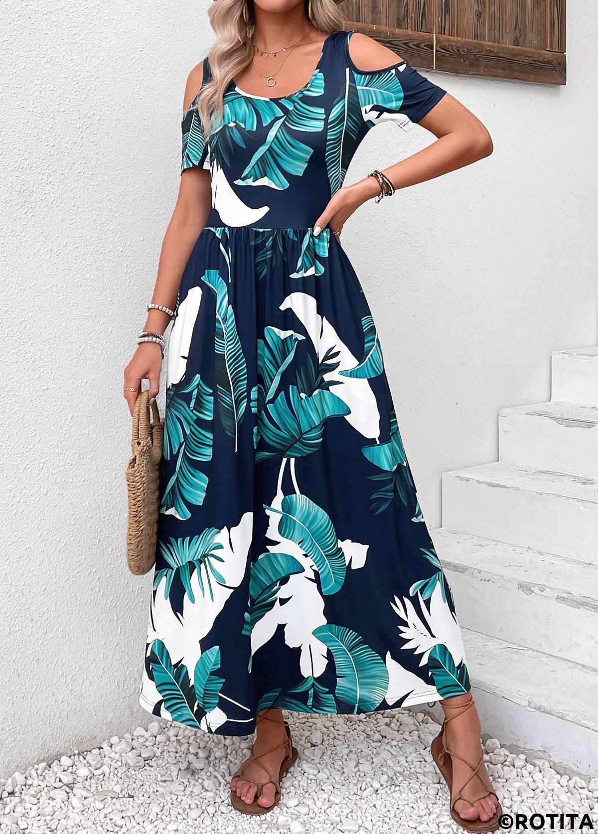 Navy dresses,Plants dresses,Vacation dresses,Vacation dresses,Pocket Plants Print Navy Scoop Neck Maxi Dress
