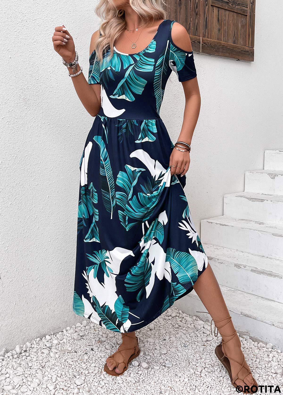 Navy dresses,Plants dresses,Vacation dresses,Vacation dresses,Pocket Plants Print Navy Scoop Neck Maxi Dress