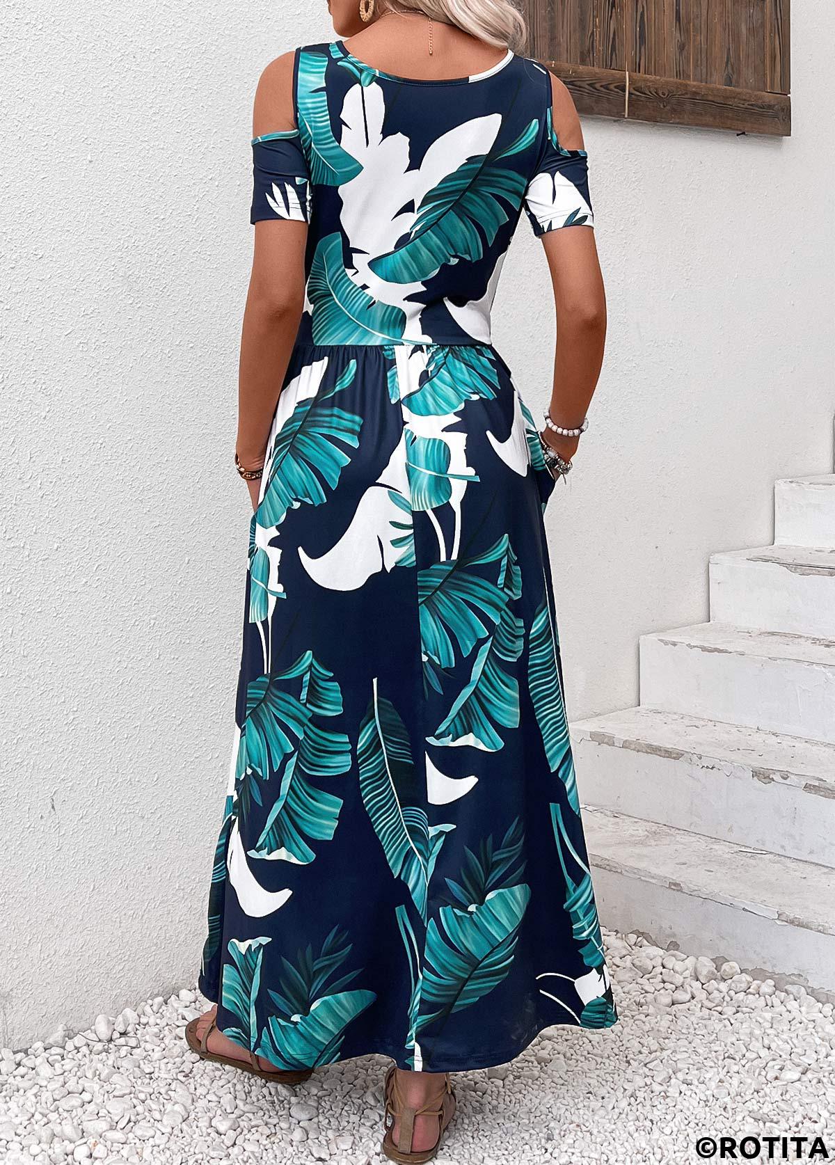 Navy dresses,Plants dresses,Vacation dresses,Vacation dresses,Pocket Plants Print Navy Scoop Neck Maxi Dress
