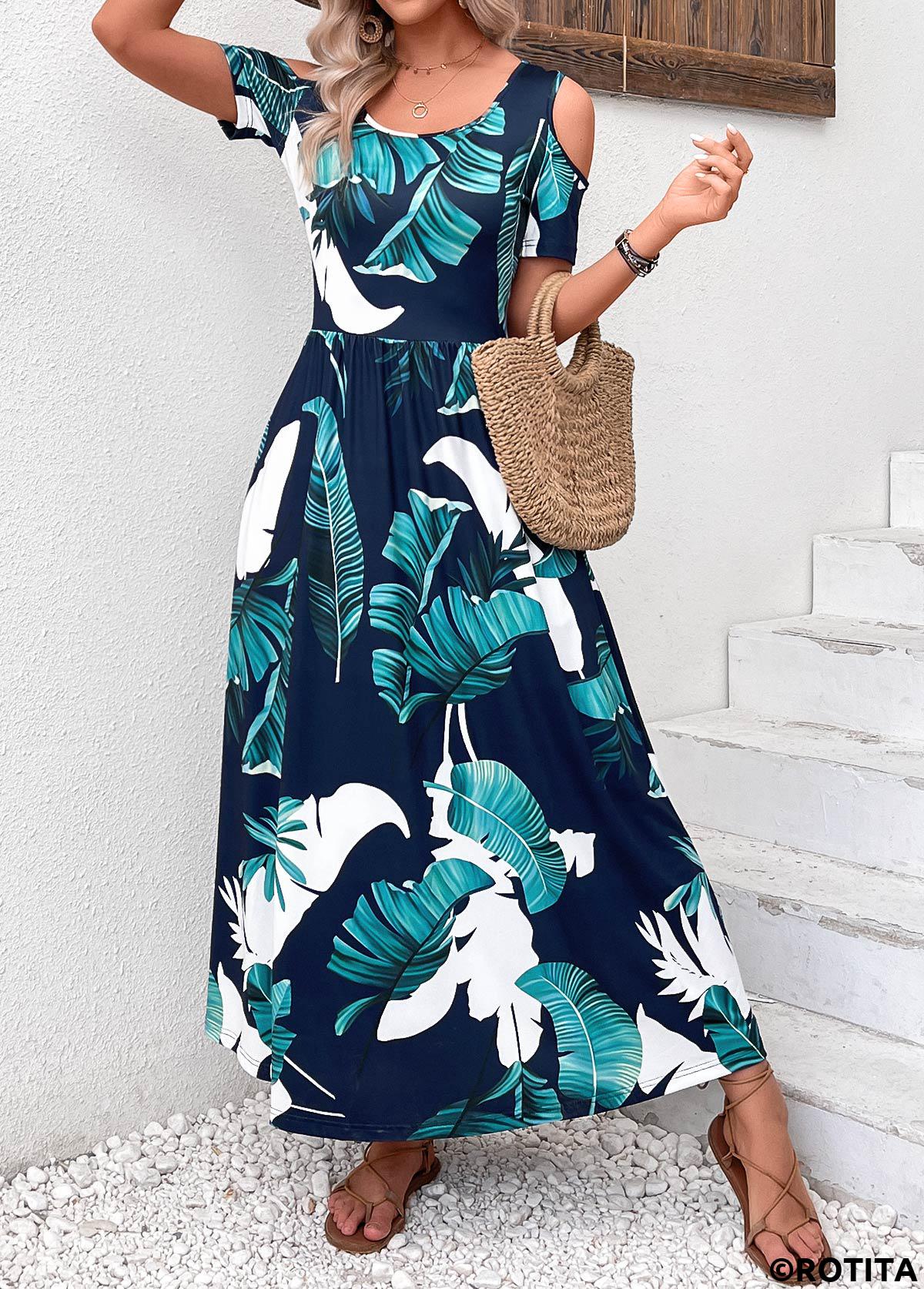 Navy dresses,Plants dresses,Vacation dresses,Vacation dresses,Pocket Plants Print Navy Scoop Neck Maxi Dress