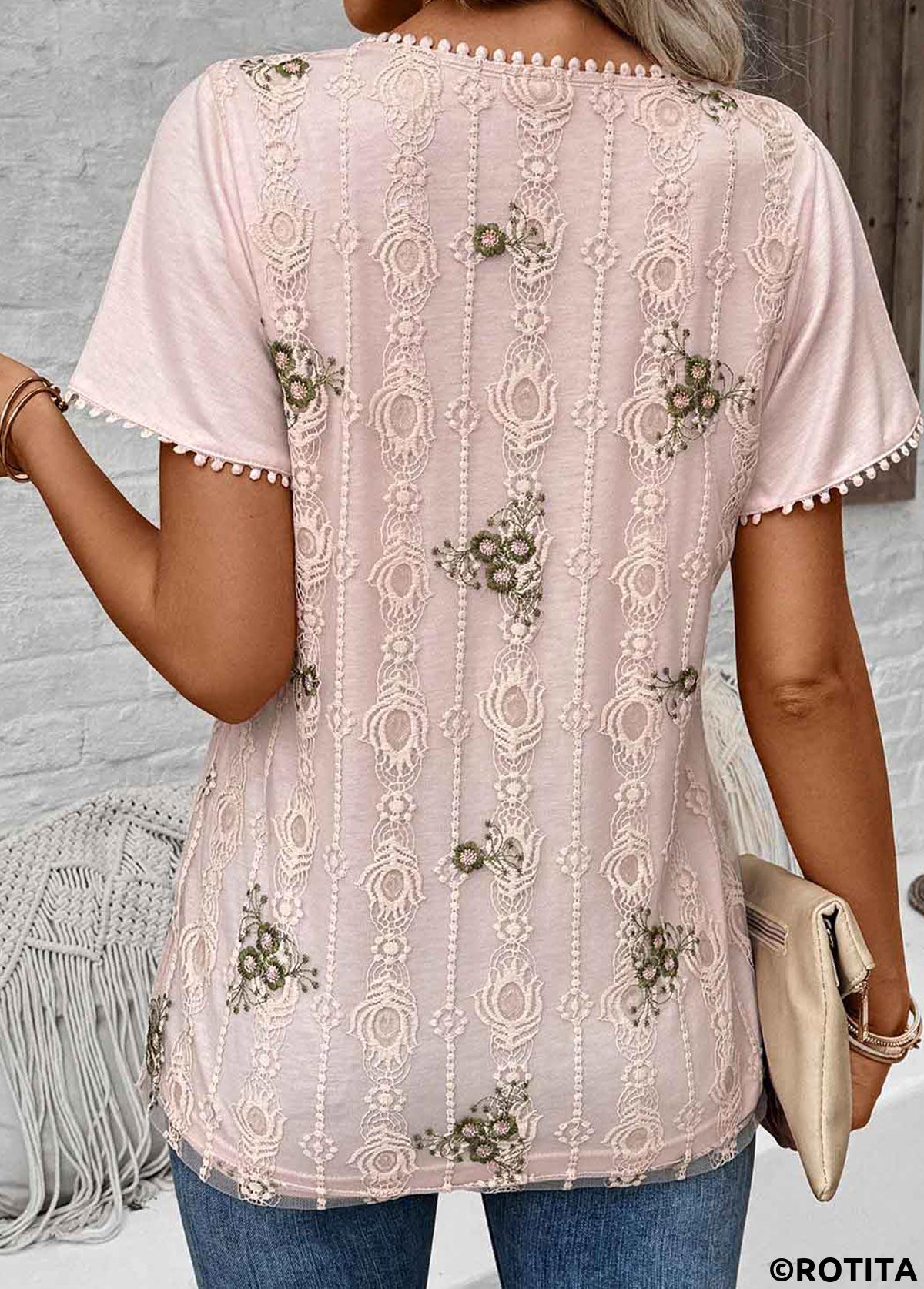 ROTITA Patchwork Floral Print Light Pink V Neck Blouse
