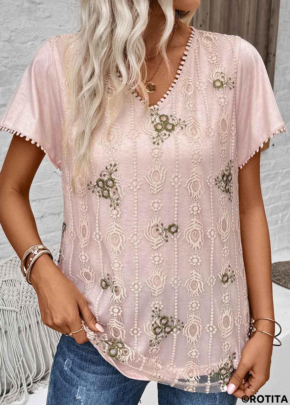 ROTITA Patchwork Floral Print Light Pink V Neck Blouse