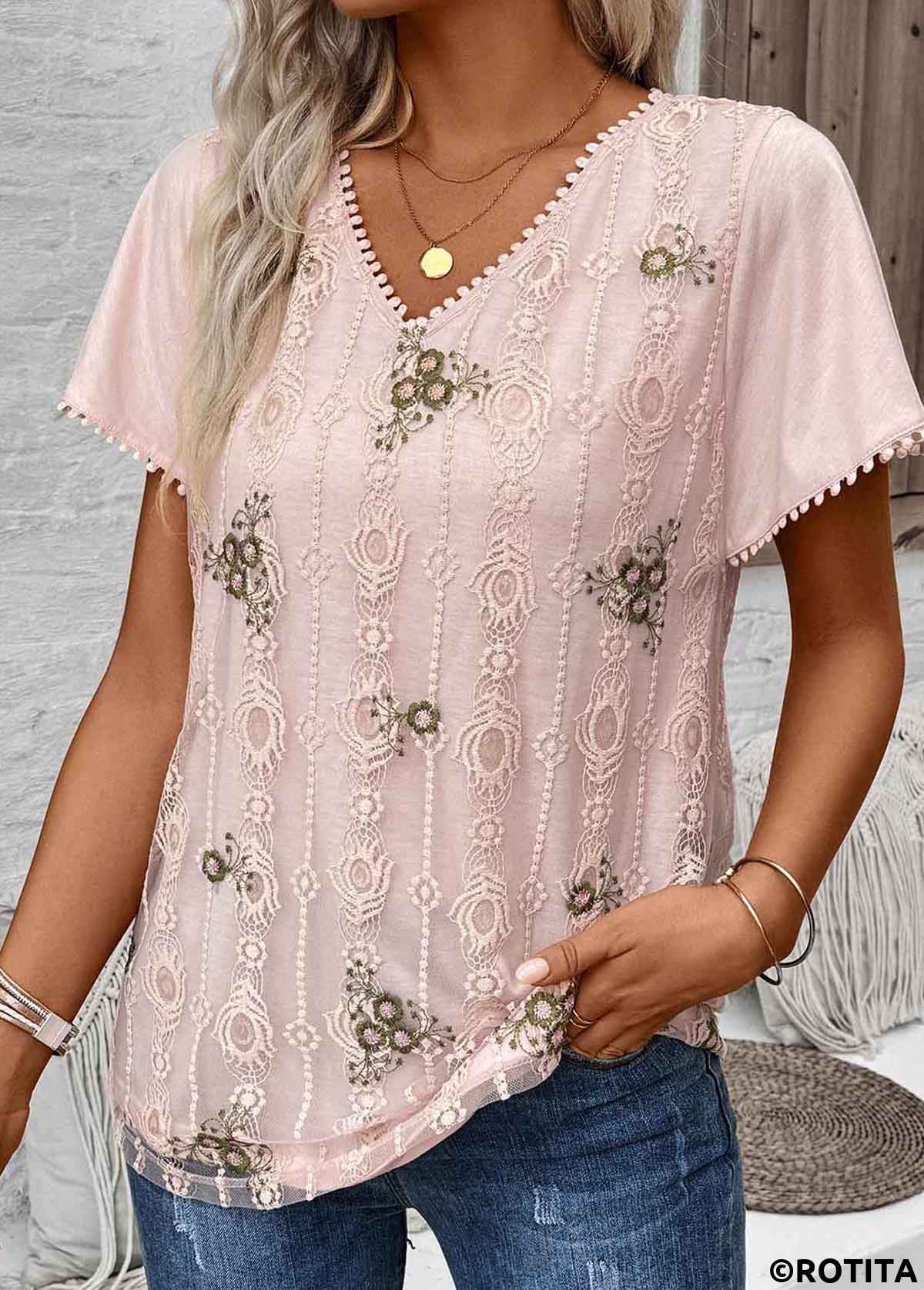 ROTITA Patchwork Floral Print Light Pink V Neck Blouse