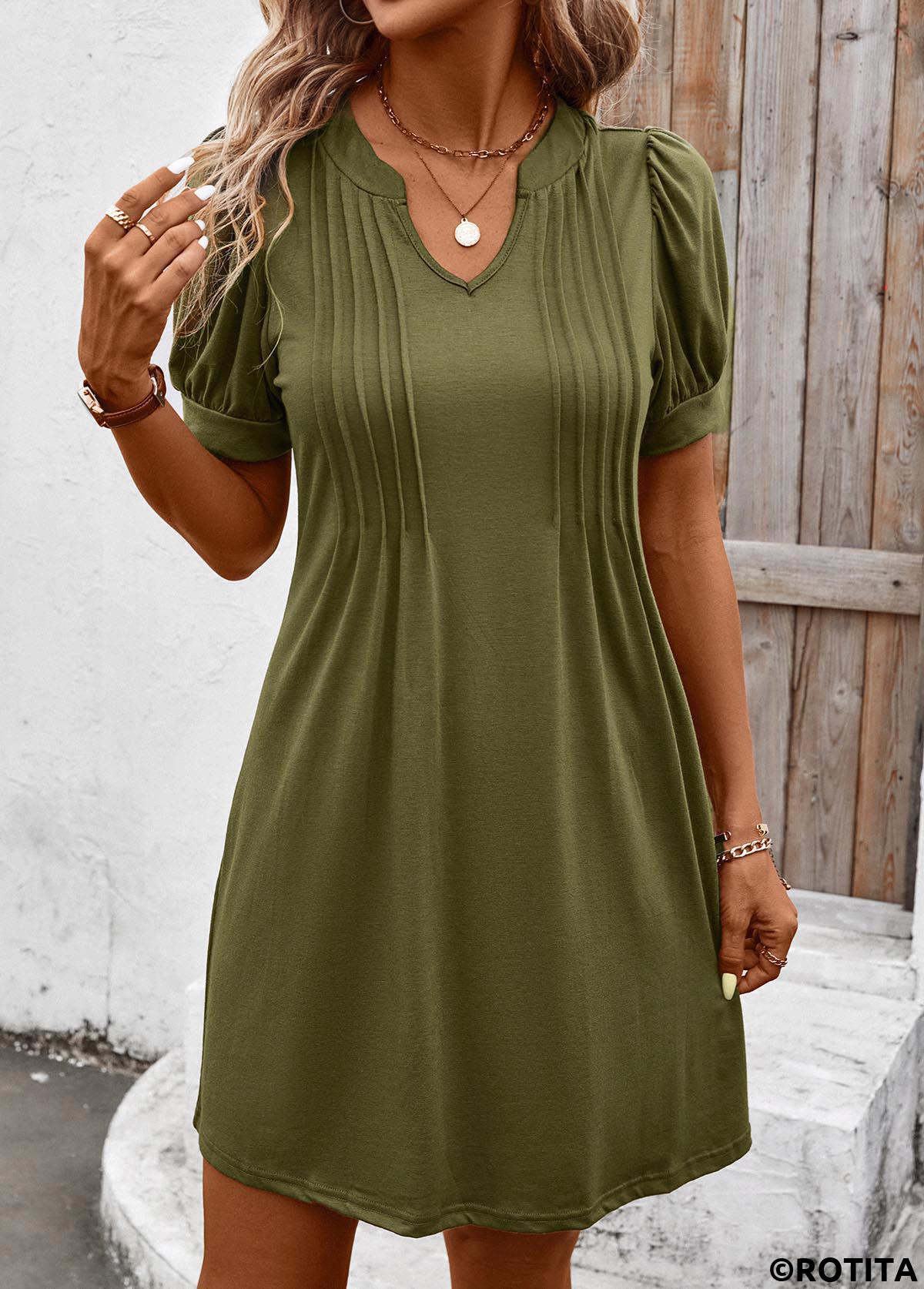 ROTITA Tuck Stitch Olive Green Short Split Neck Dress