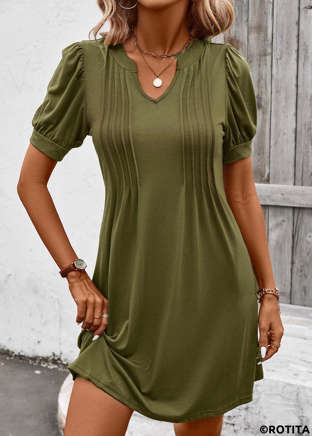 ROTITA Tuck Stitch Olive Green Short Split Neck Dress