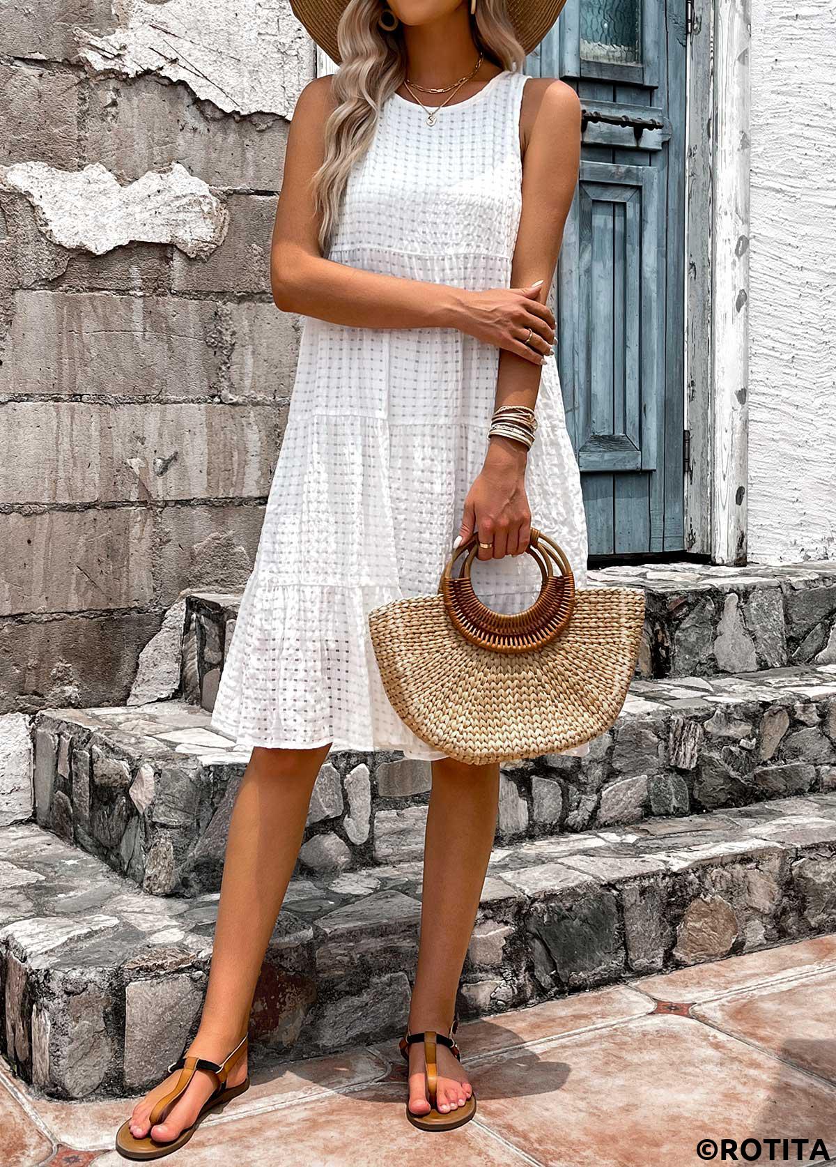 White dresses,Plain Color dresses,Vacation dresses,Vacation dresses,ROTITA Breathable White Round Neck Sleeveless Dress