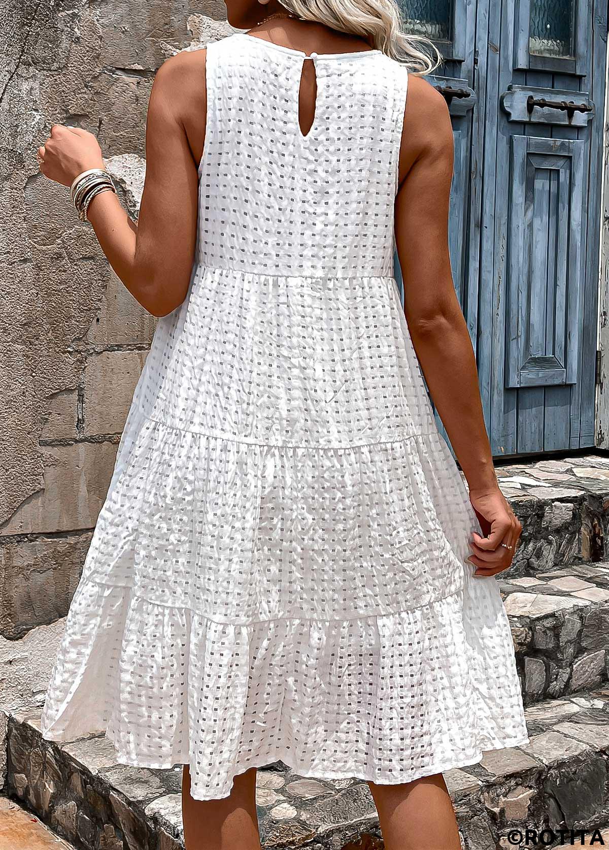 White dresses,Plain Color dresses,Vacation dresses,Vacation dresses,ROTITA Breathable White Round Neck Sleeveless Dress