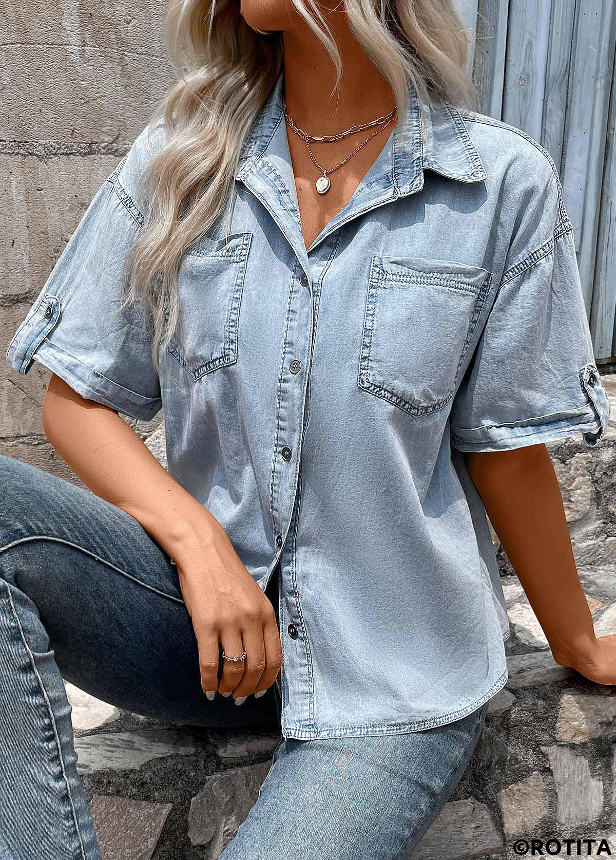 Denim Blue tops,Plain Color tops,Button Denim Blue Shirt Collar Short Sleeve Blouse