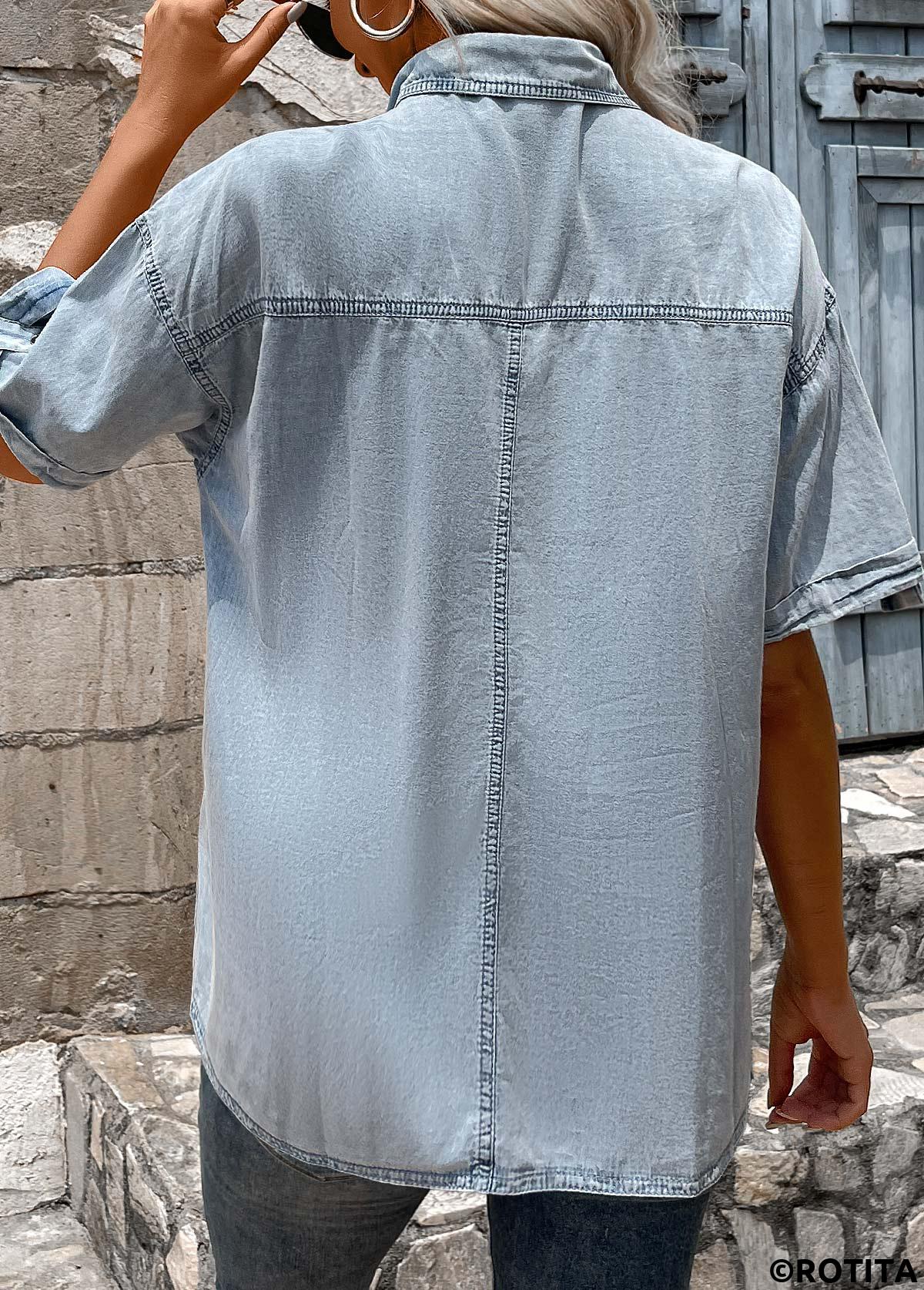 Denim Blue tops,Plain Color tops,Button Denim Blue Shirt Collar Short Sleeve Blouse