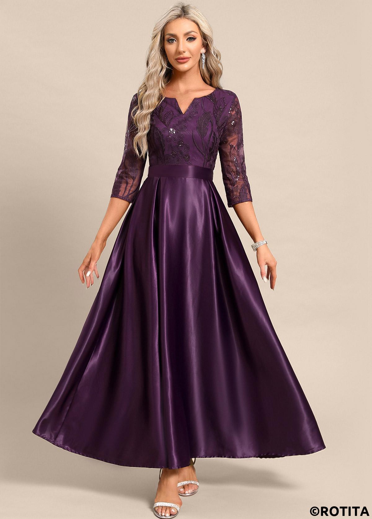 Dark Reddish Purple dresses,Plain Color dresses,Party dresses,Elegant dresses,ROTITA Lace Dark Reddish Purple Maxi Split Neck Dress