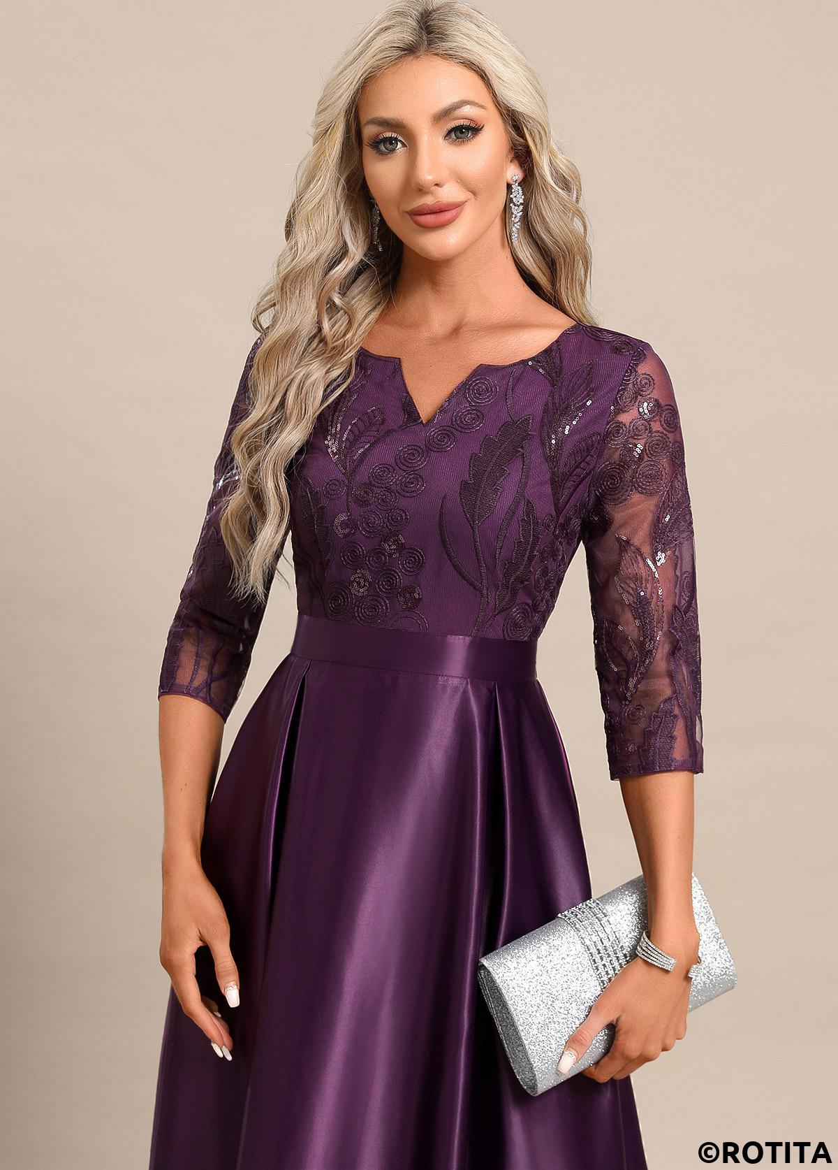 Dark Reddish Purple dresses,Plain Color dresses,Party dresses,Elegant dresses,ROTITA Lace Dark Reddish Purple Maxi Split Neck Dress