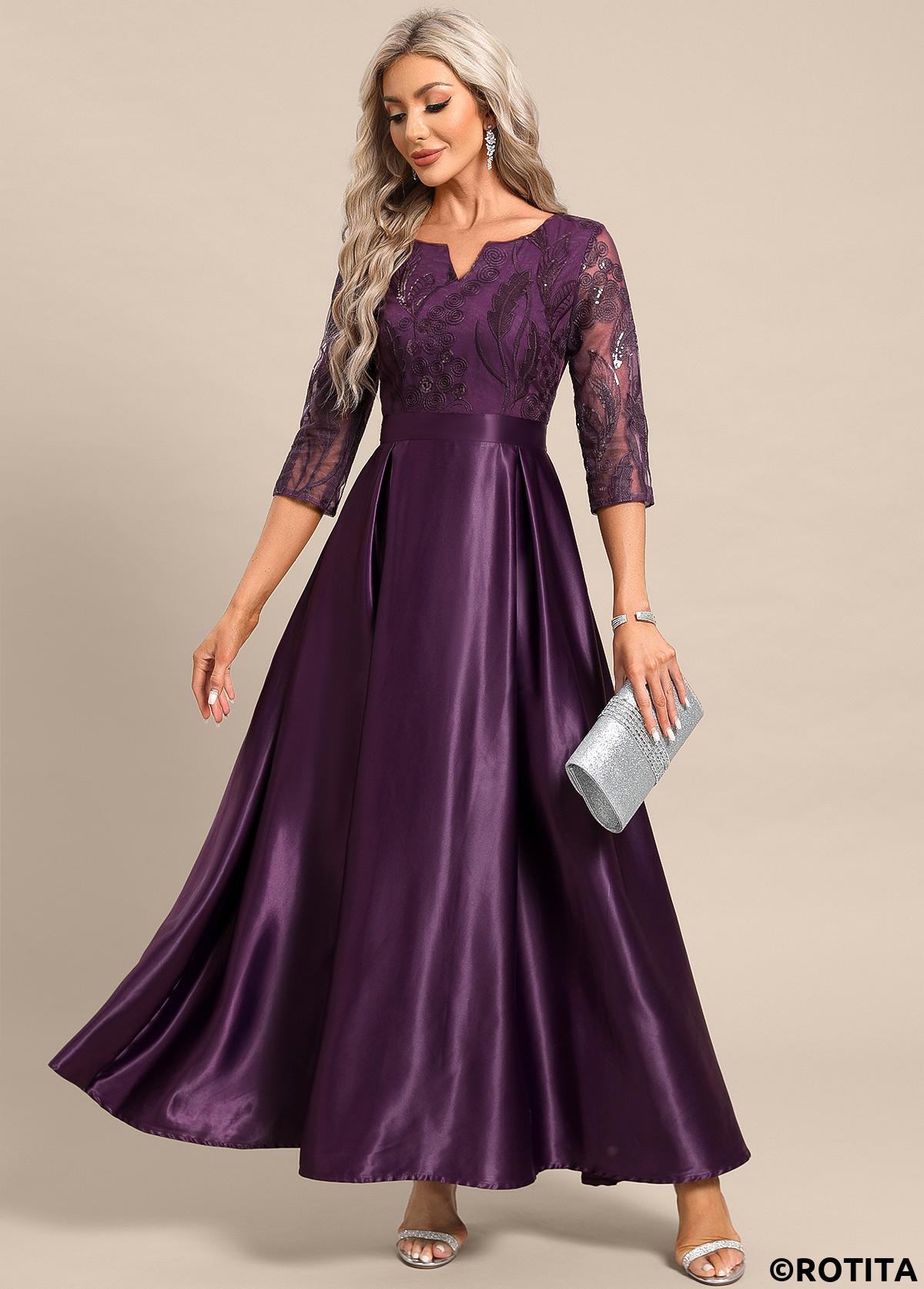 Dark Reddish Purple dresses,Plain Color dresses,Party dresses,Elegant dresses,ROTITA Lace Dark Reddish Purple Maxi Split Neck Dress