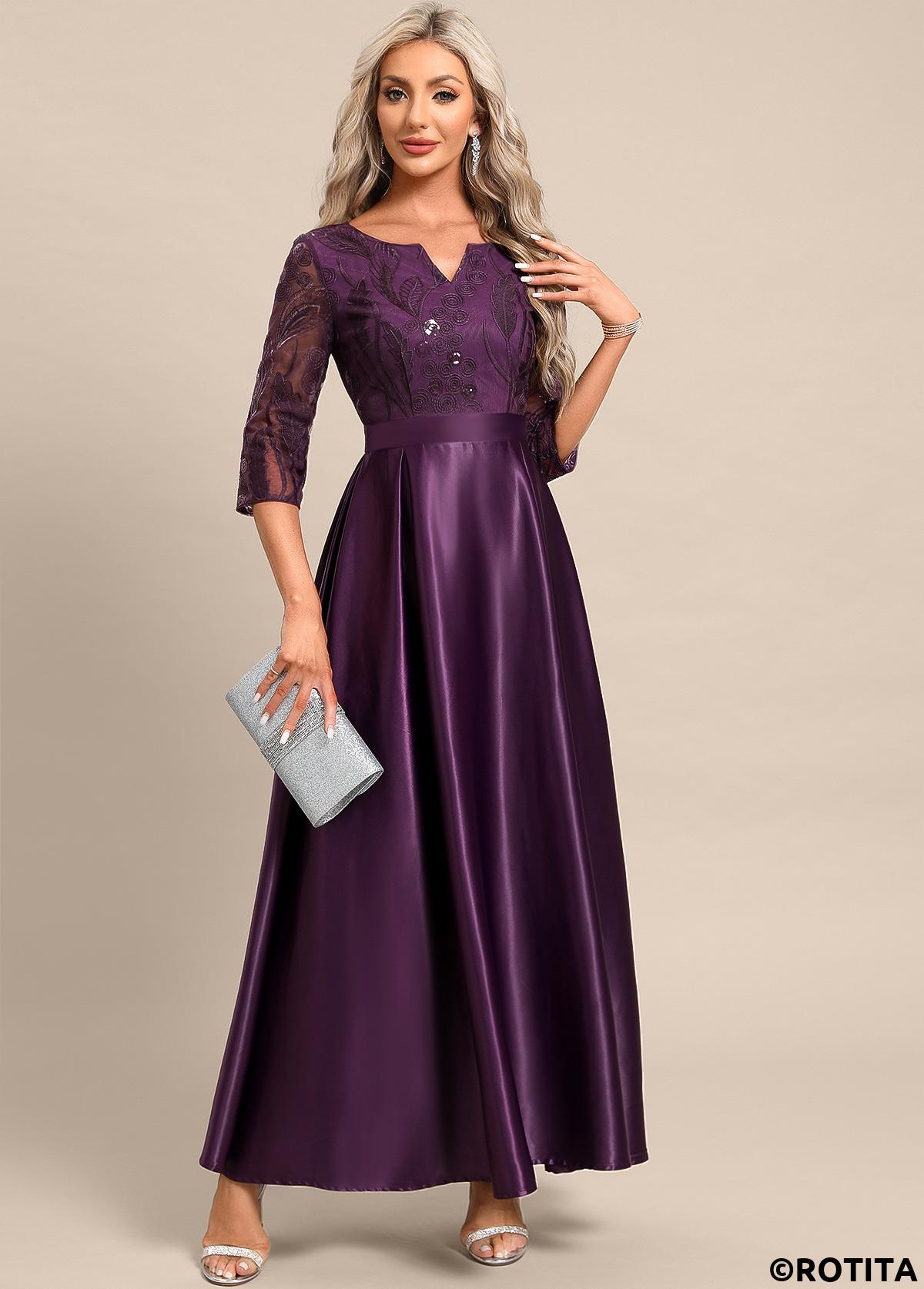 Dark Reddish Purple dresses,Plain Color dresses,Party dresses,Elegant dresses,ROTITA Lace Dark Reddish Purple Maxi Split Neck Dress