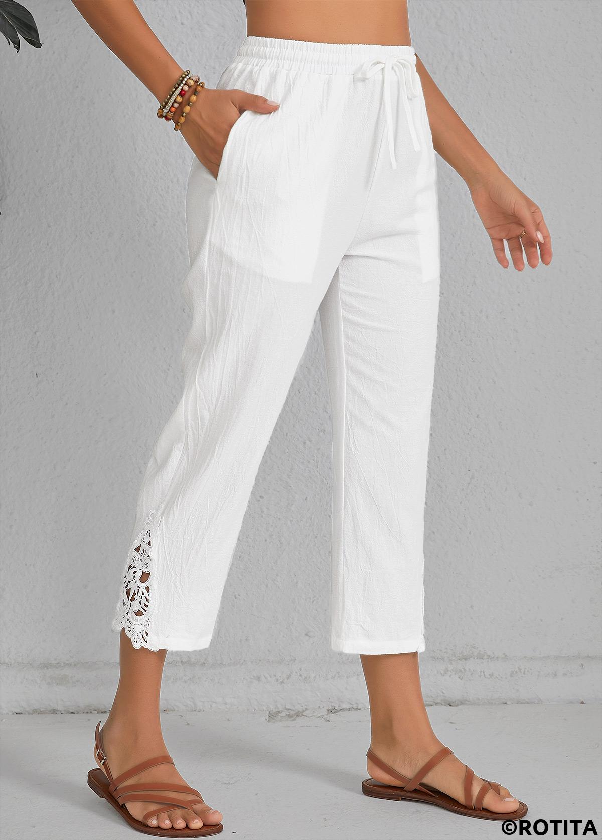 White bottoms,Plain Color bottoms,Patchwork White Elastic Waist High Waisted Pants