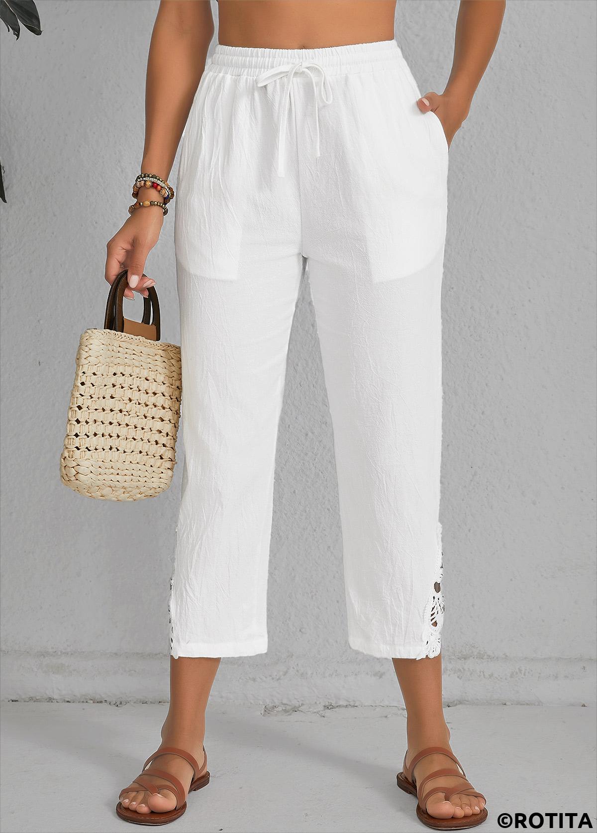 White bottoms,Plain Color bottoms,Patchwork White Elastic Waist High Waisted Pants