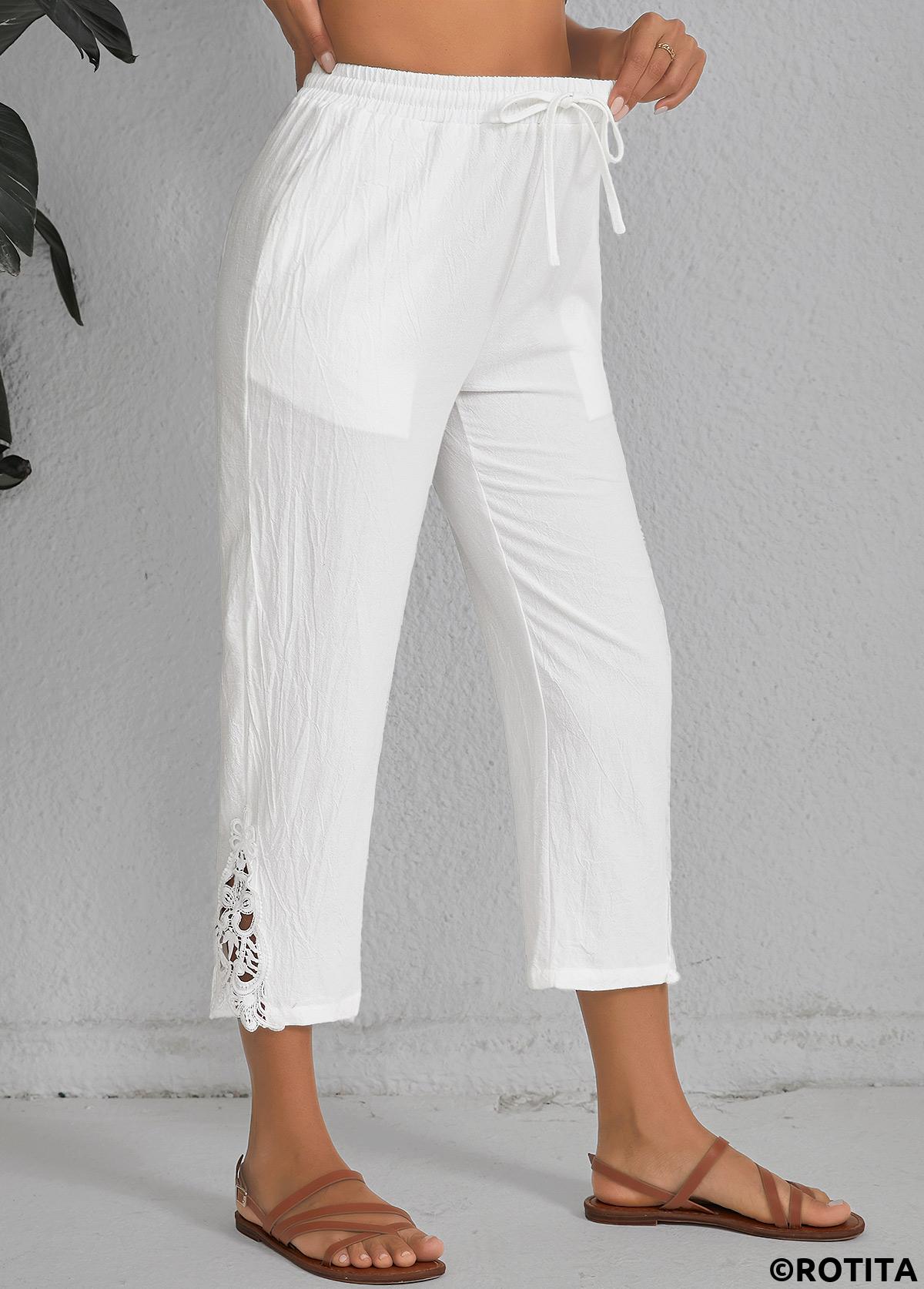 White bottoms,Plain Color bottoms,Patchwork White Elastic Waist High Waisted Pants