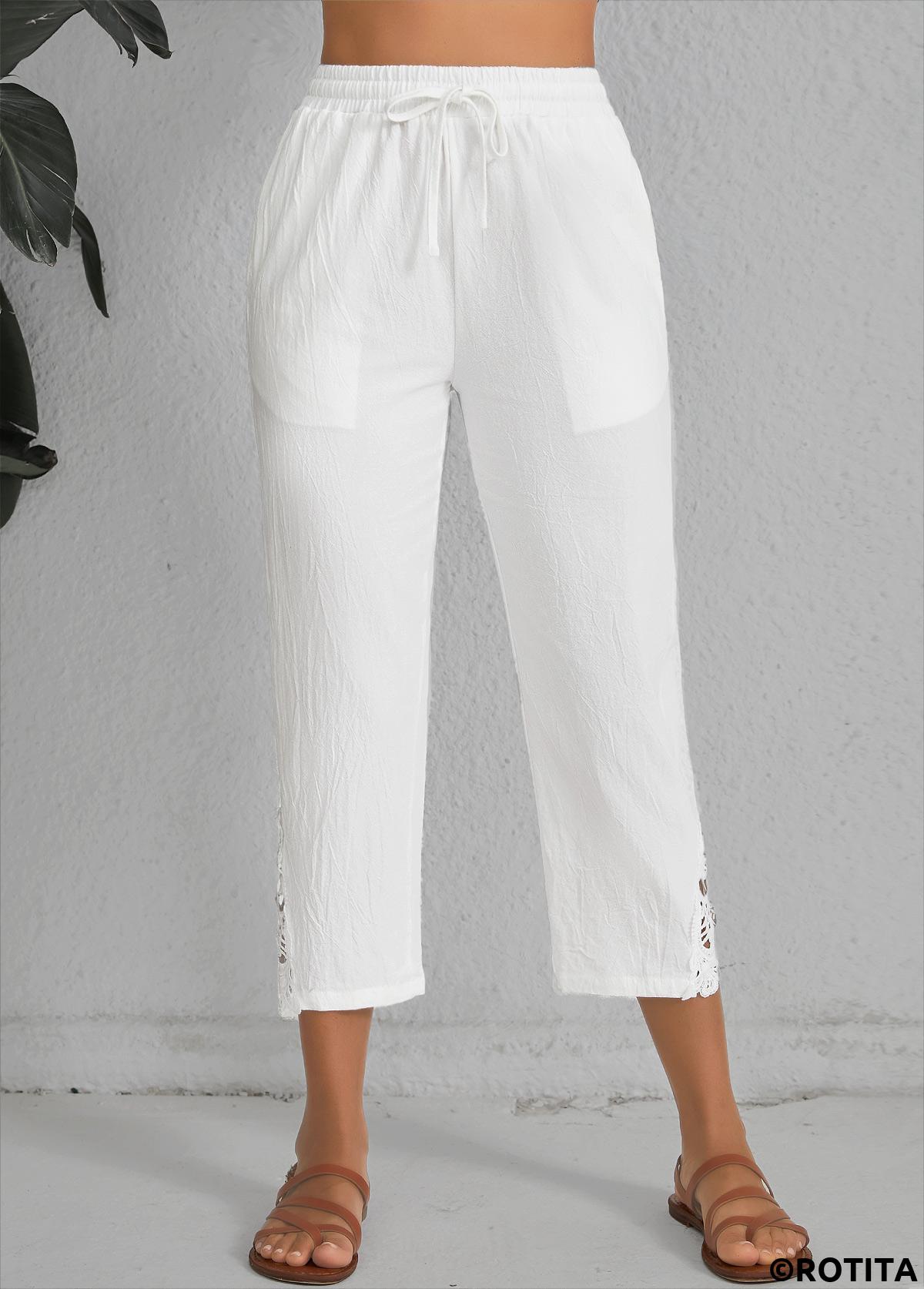 White bottoms,Plain Color bottoms,Patchwork White Elastic Waist High Waisted Pants