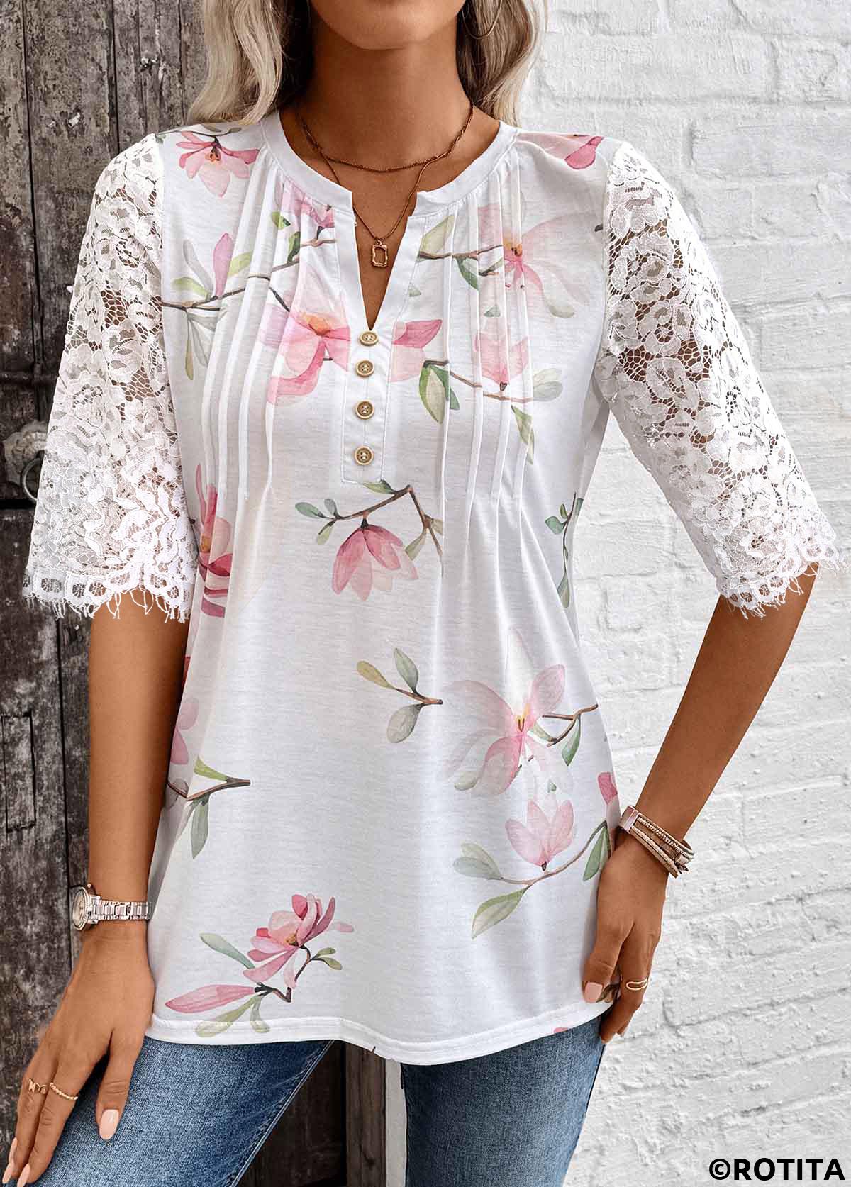 White tops,Floral tops,Plants tops,ROTITA Tuck Stitch Floral Print White Split Neck T Shirt