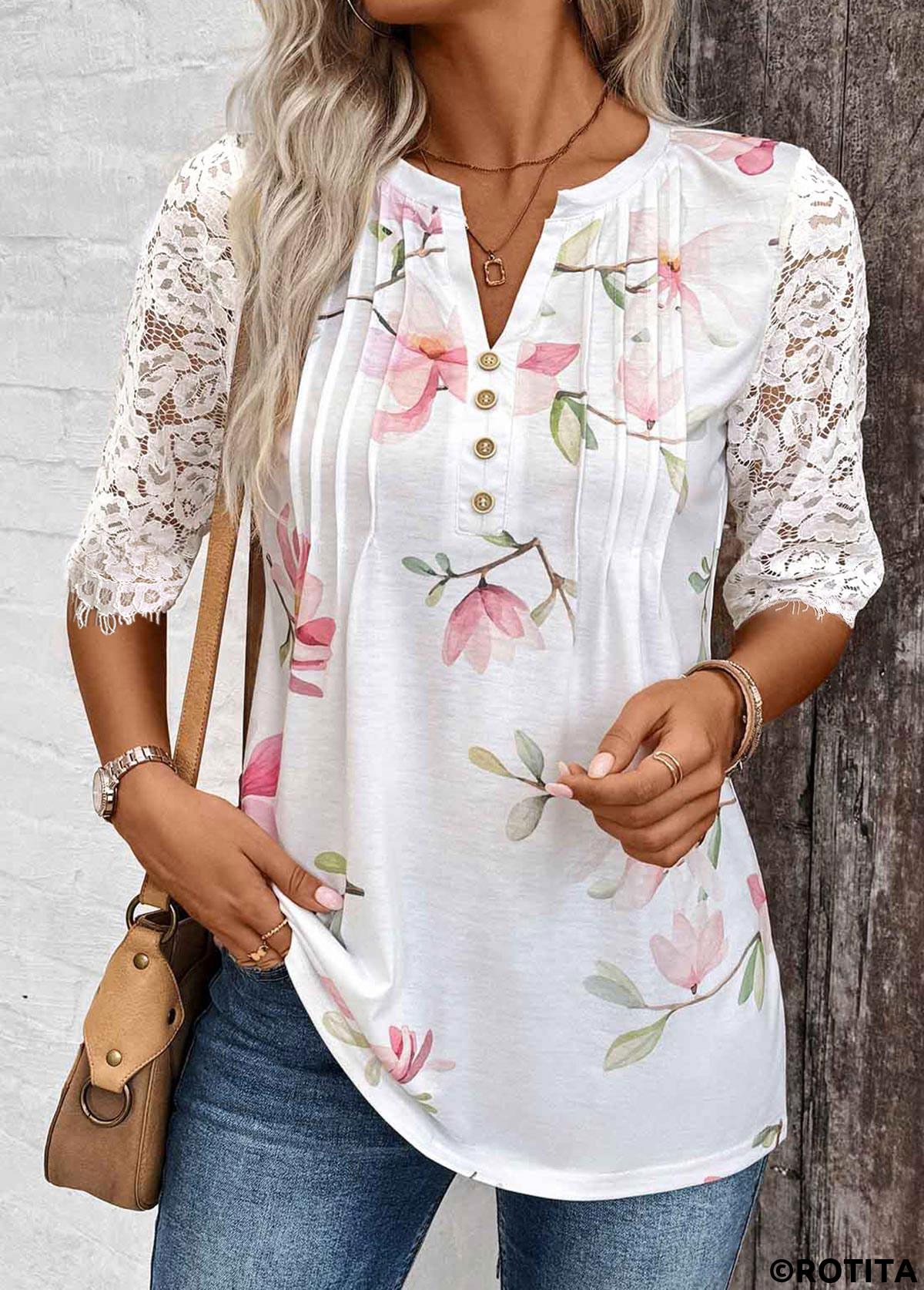 White tops,Floral tops,Plants tops,ROTITA Tuck Stitch Floral Print White Split Neck T Shirt