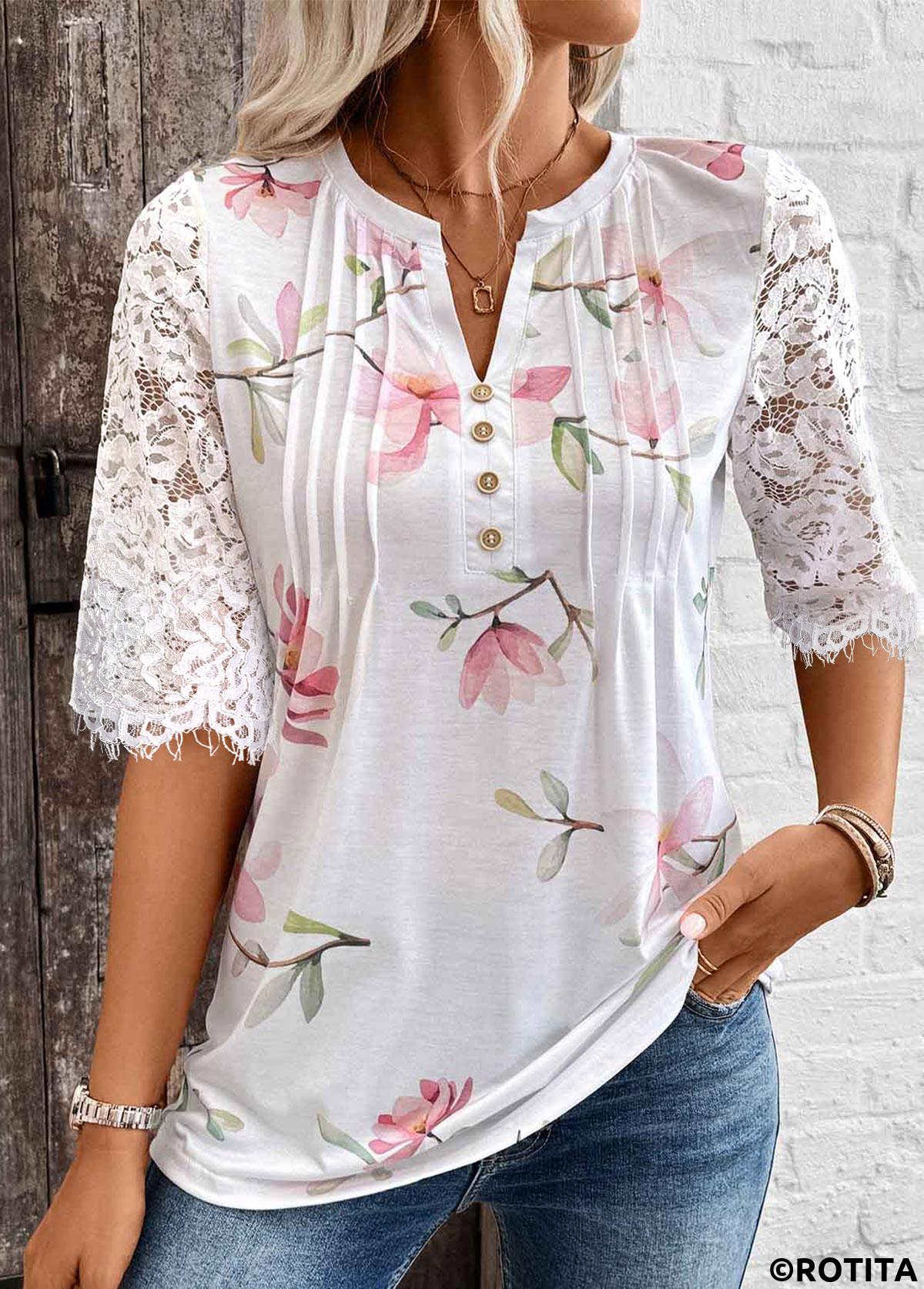 White tops,Floral tops,Plants tops,ROTITA Tuck Stitch Floral Print White Split Neck T Shirt