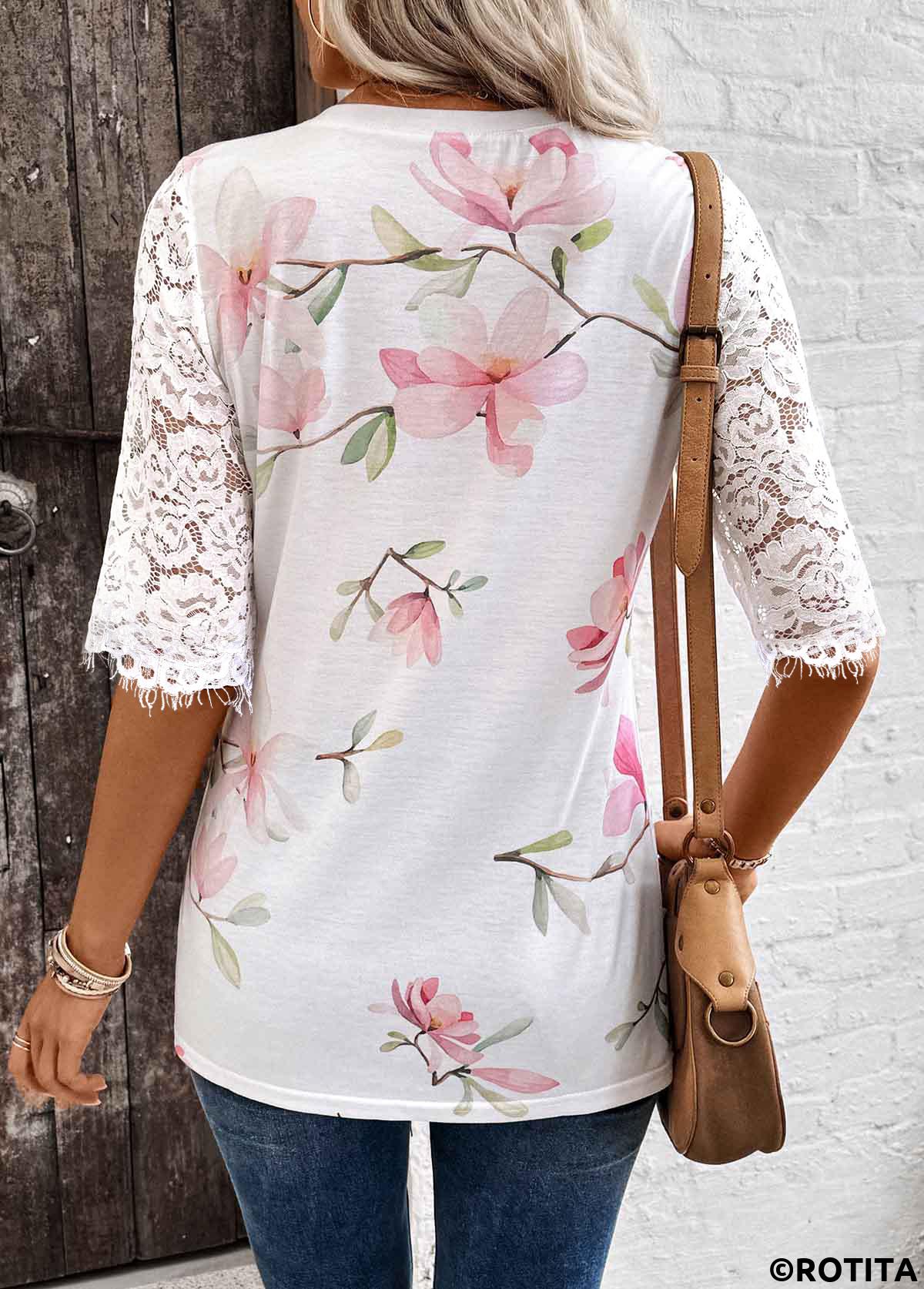 White tops,Floral tops,Plants tops,ROTITA Tuck Stitch Floral Print White Split Neck T Shirt