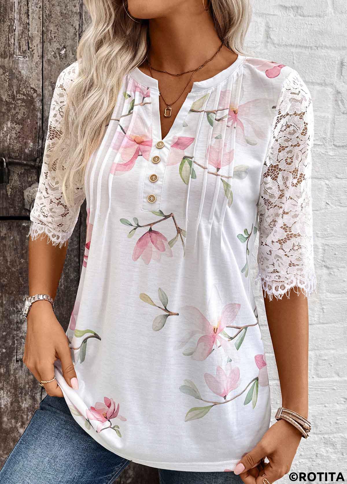 White tops,Floral tops,Plants tops,ROTITA Tuck Stitch Floral Print White Split Neck T Shirt