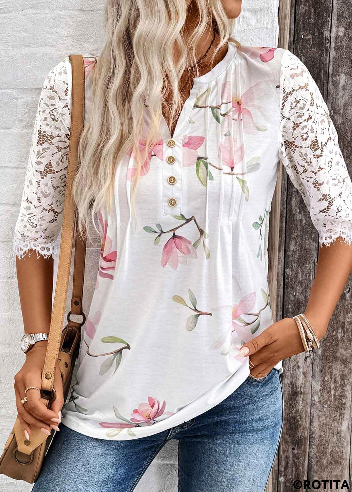 White tops,Floral tops,Plants tops,ROTITA Tuck Stitch Floral Print White Split Neck T Shirt